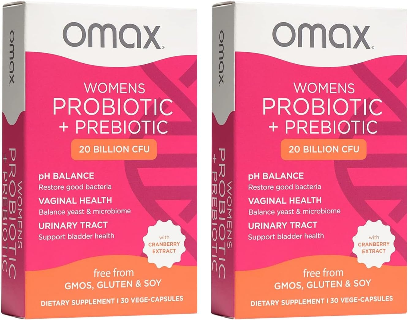 2 Pack Omax Prebiotics & Probiotics Complex for Women, pH Balance, Vaginal Health, Urinary Tract, Yeast, UTI/BV Prevention, Bloating pH 20 Billion CFU | Vegan, Organic, Gluten Free, 60 Vege-Capsules