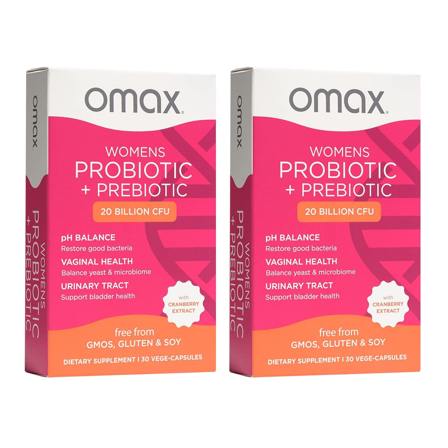 2 Pack Omax Prebiotics & Probiotics Complex for Women, pH Balance, Vaginal Health, Urinary Tract, Yeast, UTI/BV Prevention, Bloating pH 20 Billion CFU | Vegan, Organic, Gluten Free, 60 Vege-Capsules