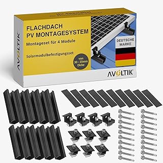 Avoltik Solarpanel Halterung Flachdach I Set für 4 Panele I Solarmodul Halterung Balkonkraftwerk I Flachdach Halterung für PV Module I Solarmodulbefestigungsset mit verstellbarer Endklemme von 30-35mm