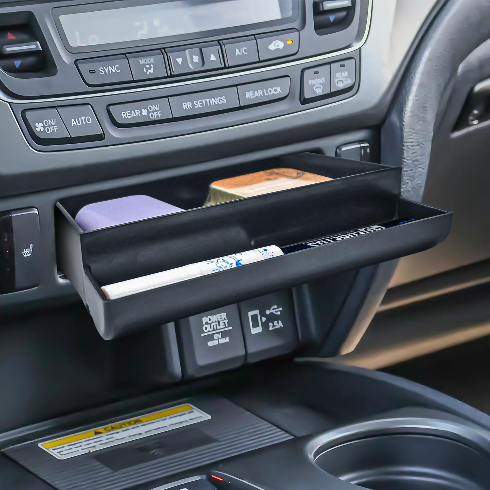 Console Drawer Tray for Honda Pilot 2016-2022/ Honda Ridgeline 2017-2024 | Passport 2019-2024 Accessories, Center Console Organizer Insert Tray, Storage Box Coin Container, Non-Slip Mats, ABS Black
