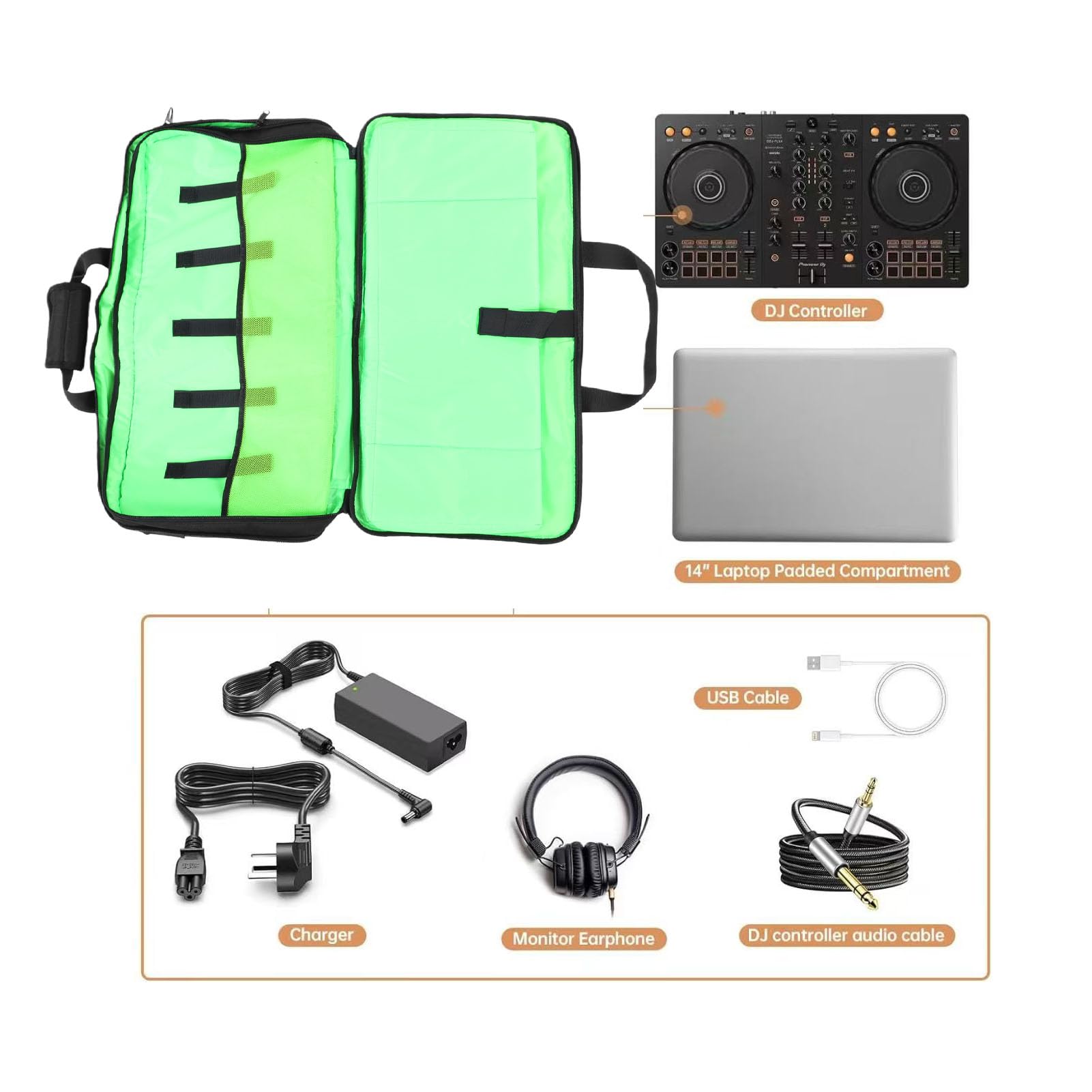 XUMIUZIY Torba do Przechowywania Kontrolera DJ dla DDJ FLX4 DDJSB3 DDJRB |Etui Podróżne z Zielonym Paskiem na ramię do Sprzętu DJ-skiego DDJ400
