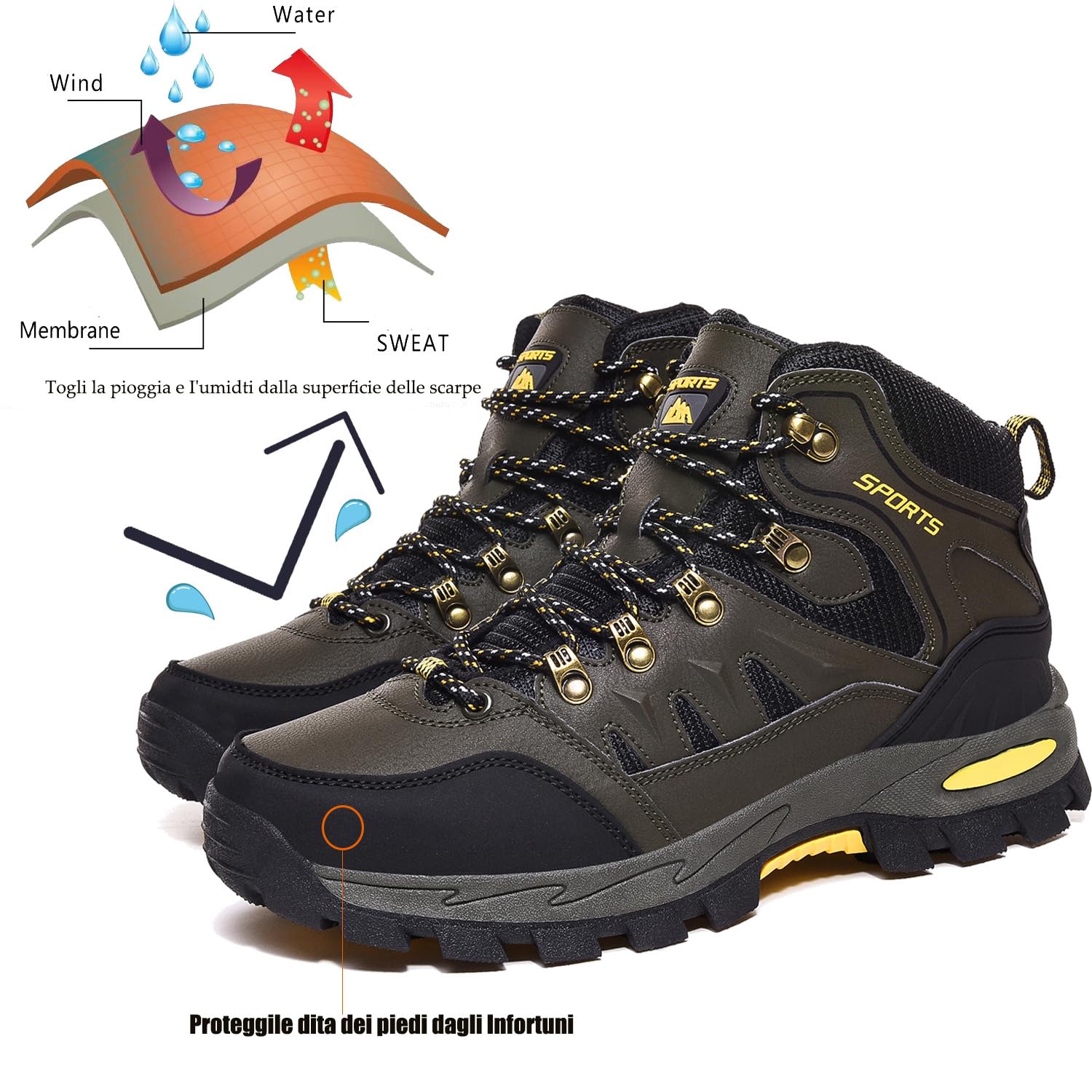 Scarpe da Trekking Uomo Donna Arrampicata Sportive Impermeabili Traspiranti Passeggiate Stivali per Antiscivolo Sportive All'aperto Scarpe da Escursionismo A22Verde Militare 45EU