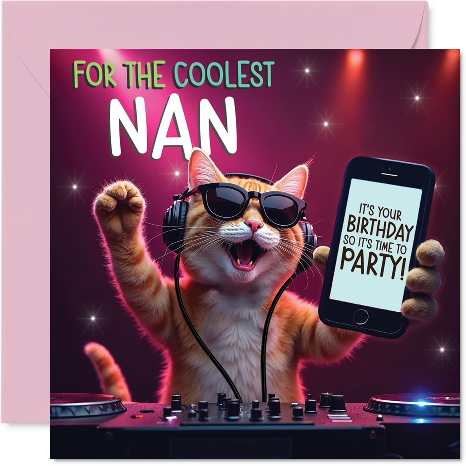 Nan Birthday Card - Party DJ Cat - Happy Birthday Card for Nan from Grandson Granddaughter, 145mm deejay cat Bday Greeting Cards