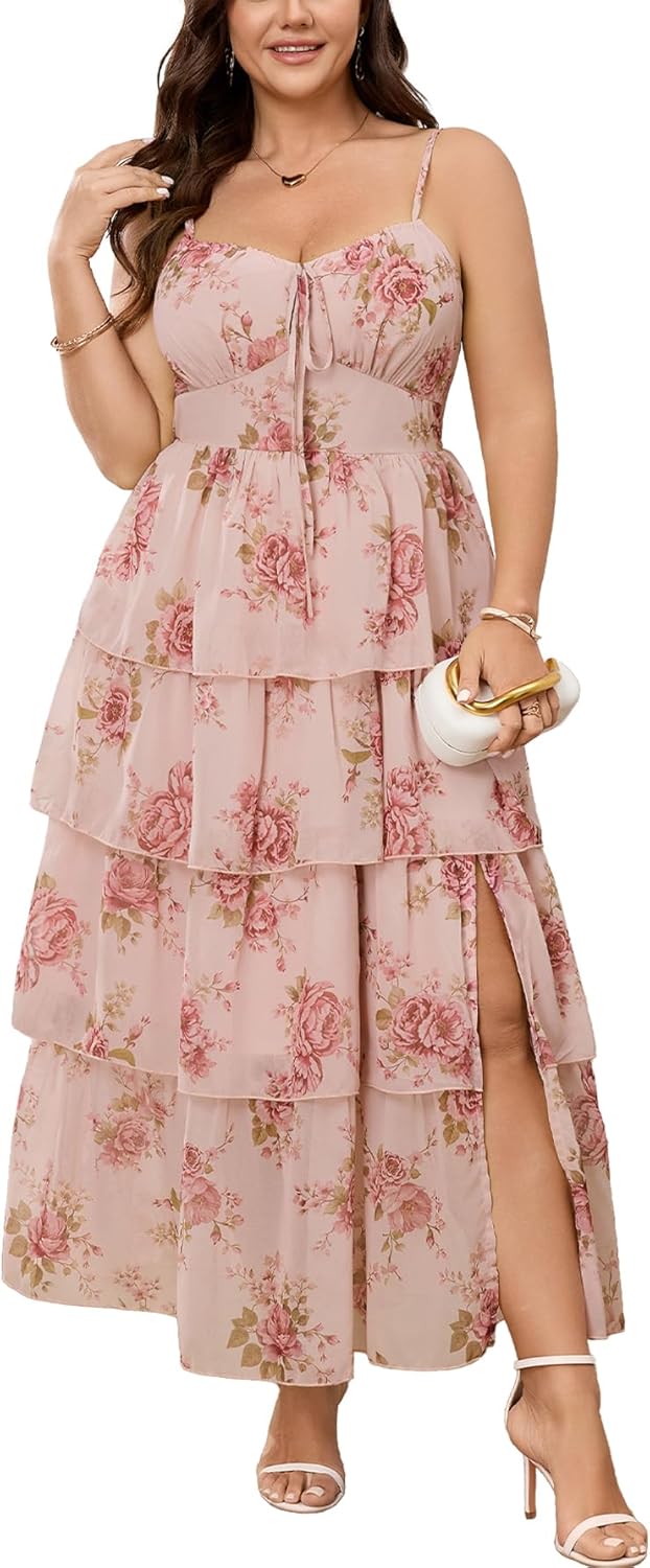 SHESTARR Womens Plus Size Maxi Dress Elegant Wedding Guest Cocktail Party Spaghetti Strap Tiered Ruffle Slit Floral Dresses