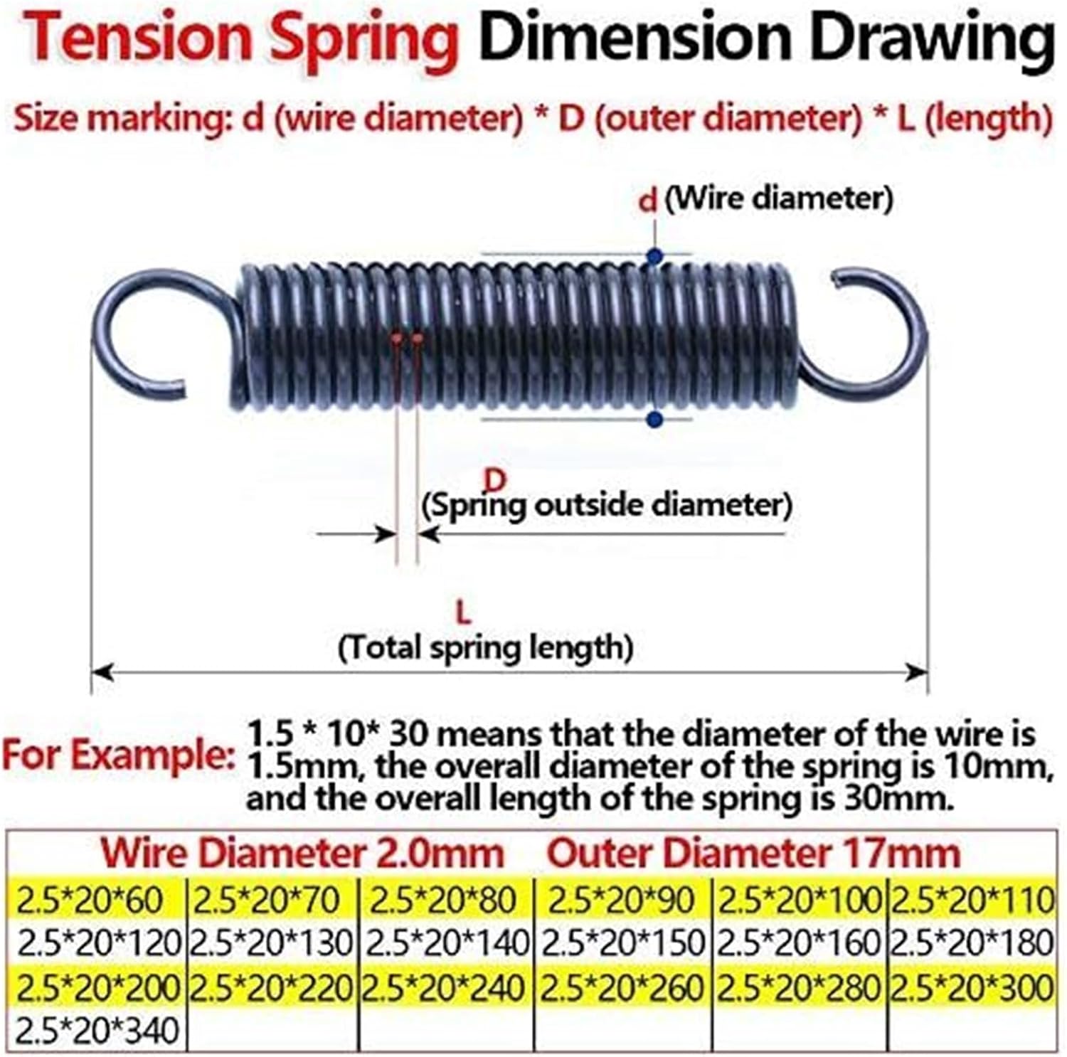 Spring Assortment, 2pcs Open Hook Pull Back Tension Spring Coil Extension Spring Draft Spring Wire Diameter 2.5mm Outer Diameter 15mm-70mm Various Lengths