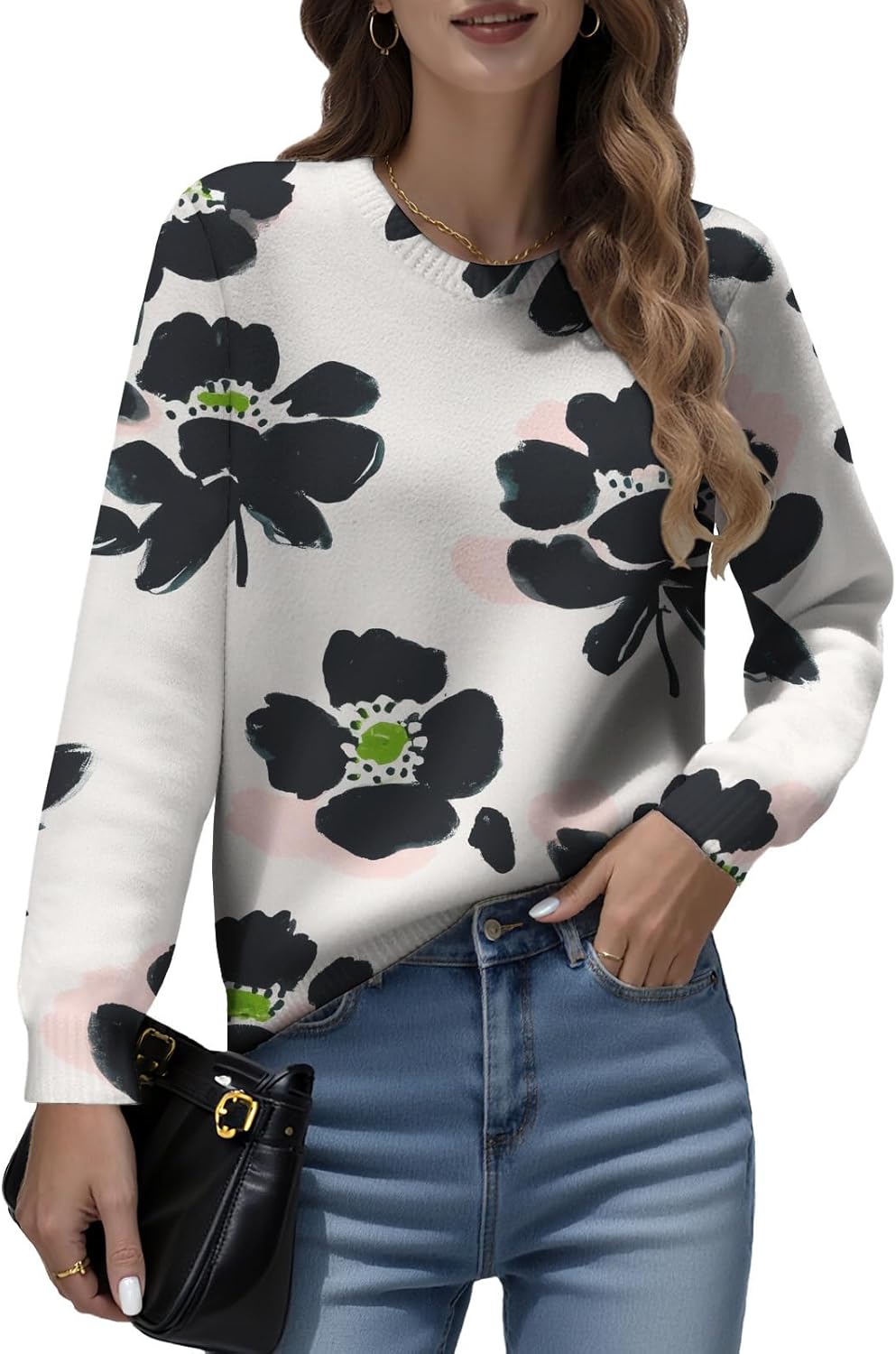 LIZALIG Women Top Pink Long Sleeve Flower Pattern Lightweight Soft Fashion Casual Floral Print for Fall Outfits