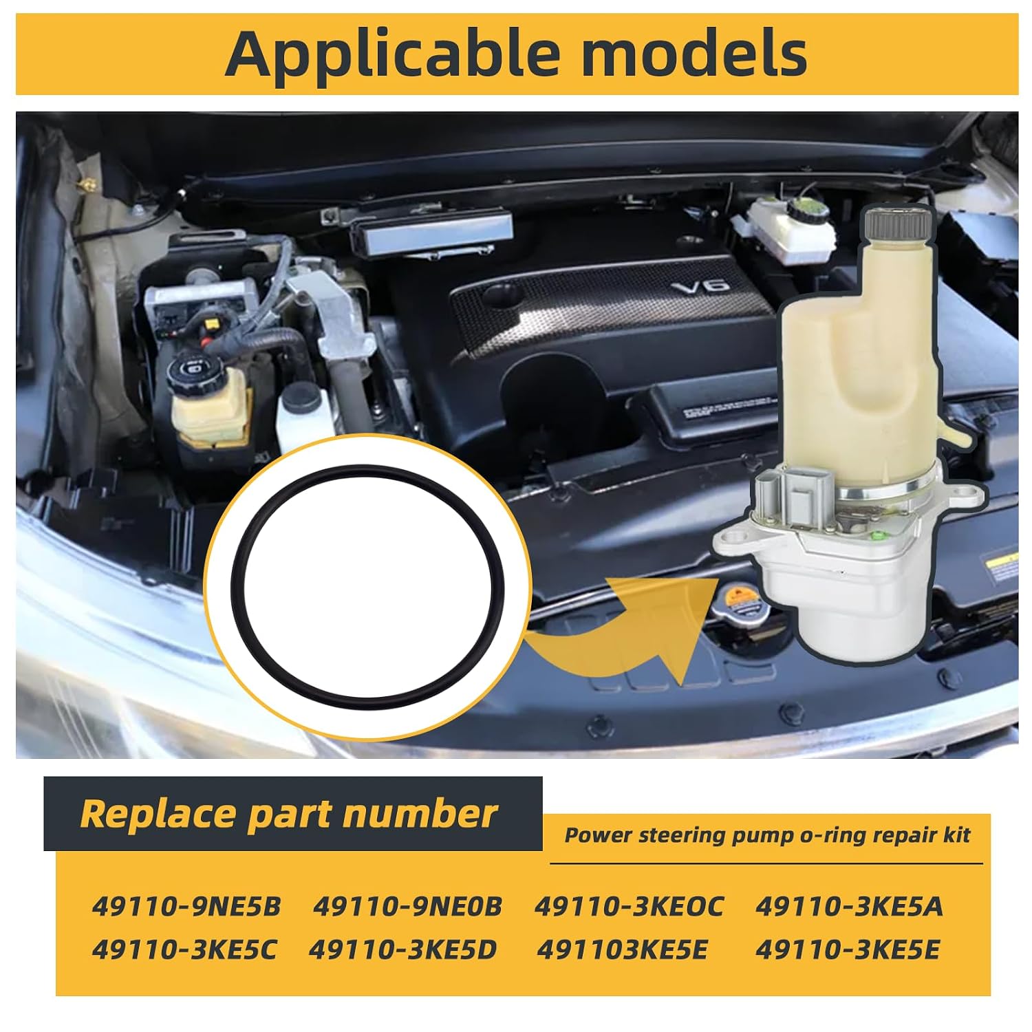 Power Steering Pump O-Ring, Compatible with 2013-2020 Nissan Pathfinder EHPS Power Steering Pump O-Ring Repair Kit, Can Repair Power Steering Leak Replacement No：49110-3KE5E Replacement ORing 1 Piece