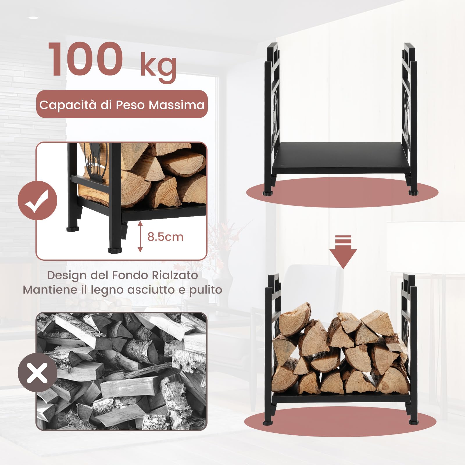 COSTWAY Portalegna da Interno ed Esterno, con Motivi di Cervo, Impugnature Comode e Piedini Regolabili, Portalegna per Camino, Braciere e Stufa