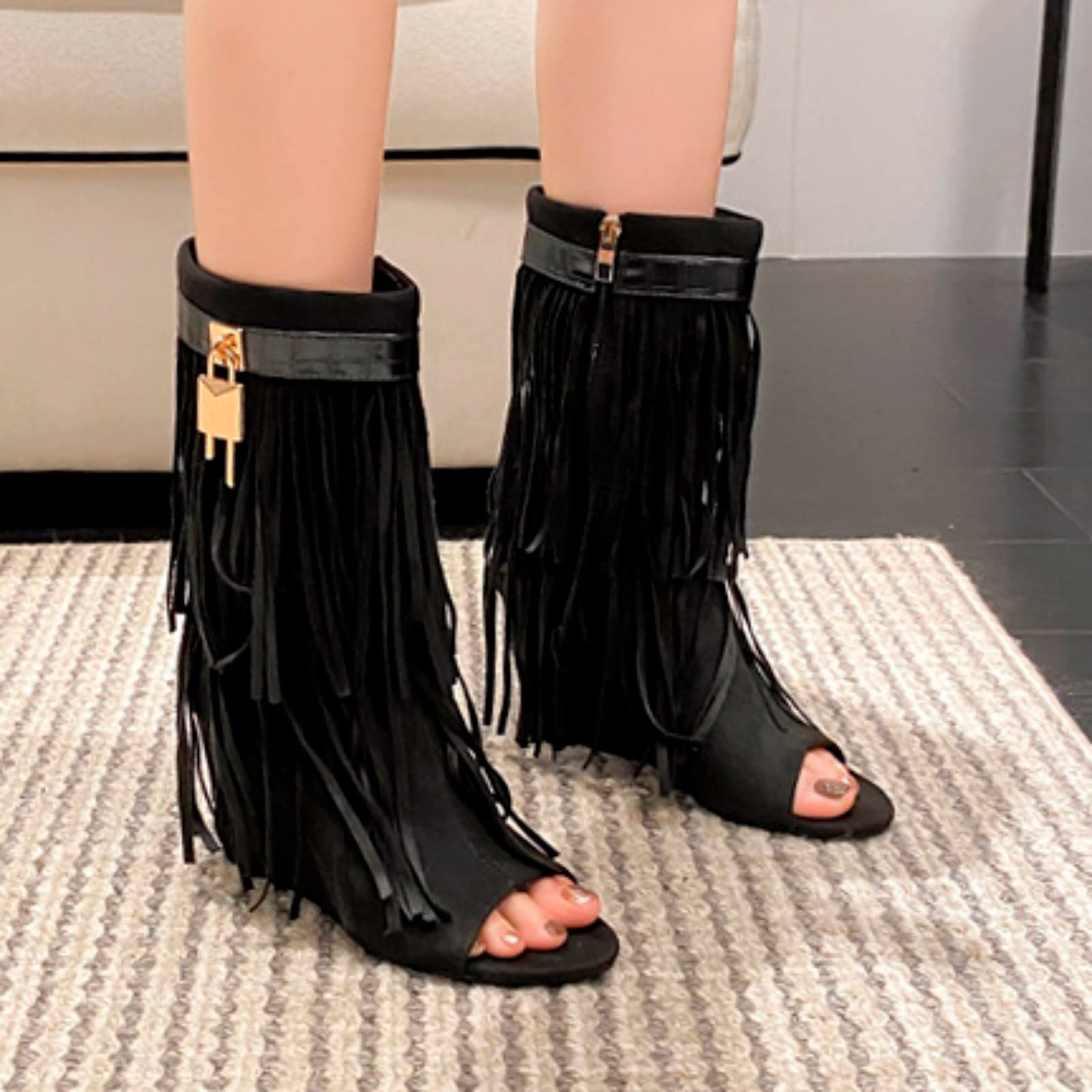 Sandalias Cómodas Para Caminar Mujer Botas Hechas A Mano Con Borlas Y Punta Abierta Estilo De Verano Mujer, Tacón Pendiente Niña Senderismo Sandalia Zapatos Negra Cerradas Cuerda