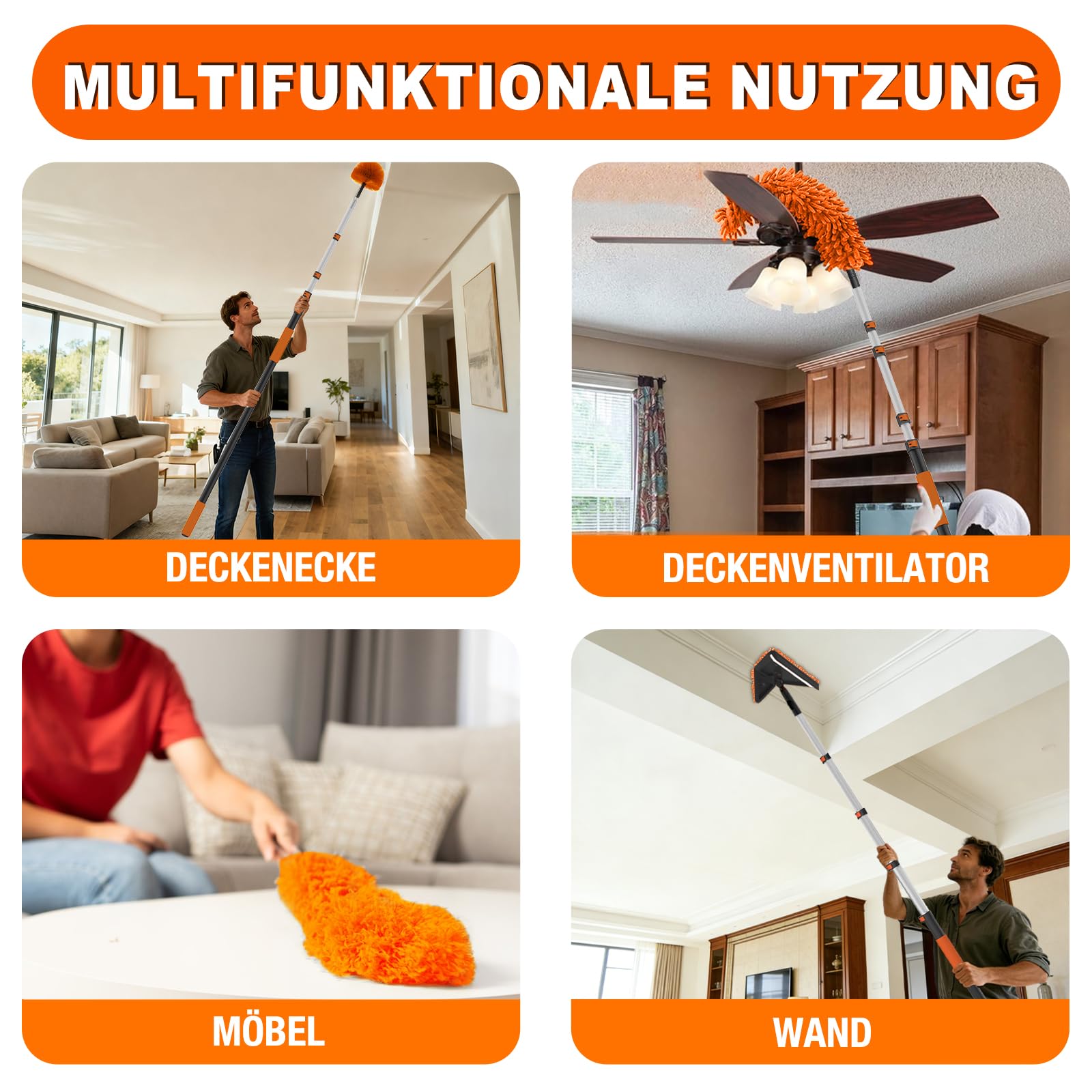 SISUPASSIE 6m Staubwedel Teleskop, Spinnwebenbesen mit Teleskopstiel, Staubwedel Waschbar für Sockelleisten, Wände, Fenster, Ventilatorblätter, hohe Decken und Spinnweben