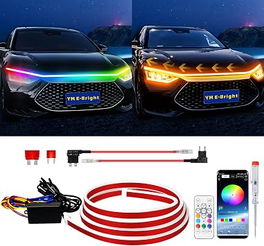 YM E-Bright Car Led Lights Exterior RGB Hood Light Strip Waterproof Multicolor Dynamic Scan Start Up Hoodbeam Kit with Turn Signal Indicator Function for Cars, Truck, SUV, APP Control, 12V 70inch