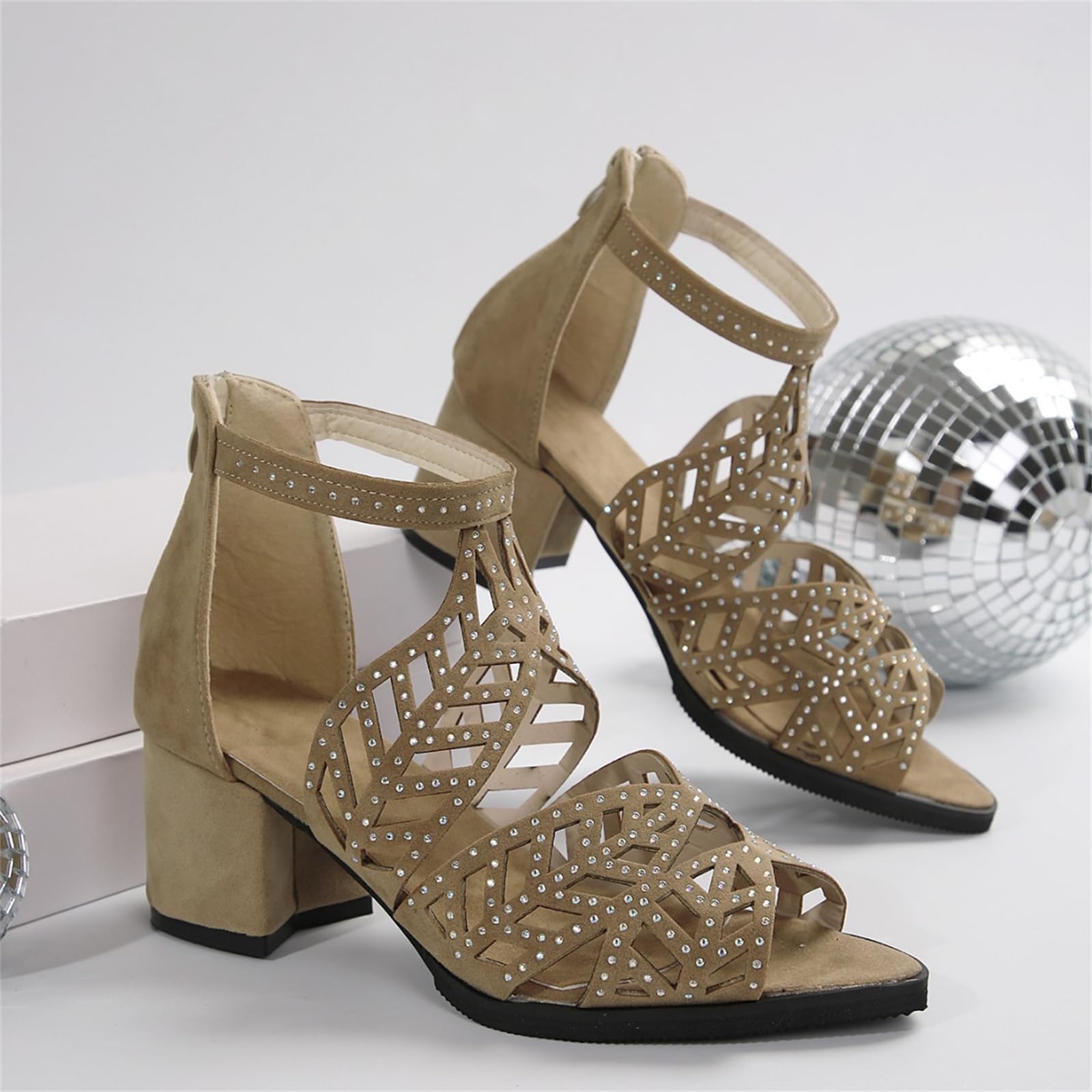 SACFOF Sandalias de tacón de bloque con diamantes de imitación para mujer, con correa al tobillo, sandalias de tacón grueso, sandalias romanas