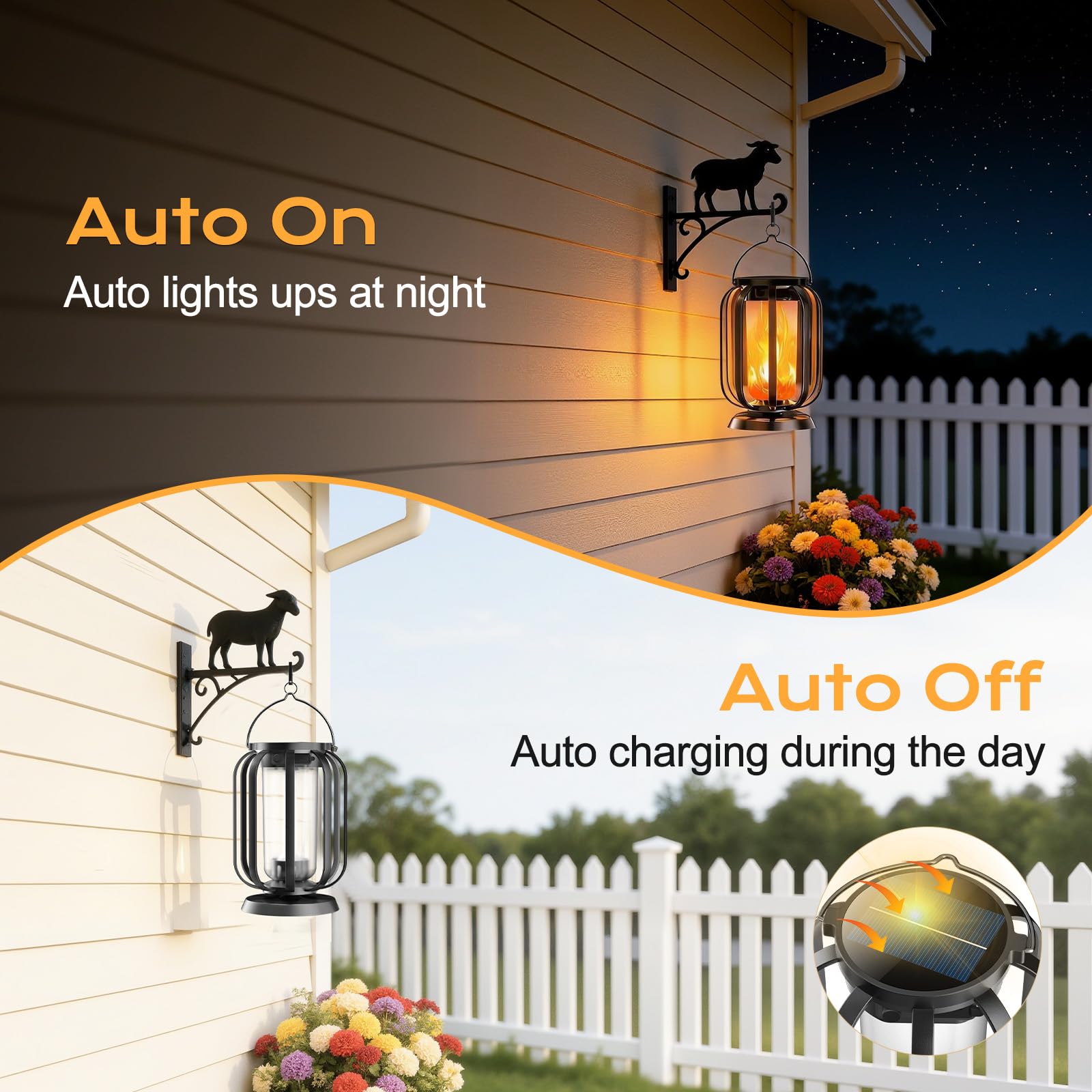 Solar Flammen Laterne für Außen Hängend, 2 Stück Solarlampen IP65 Wasserdicht mit 3 Farbtemperaturen, Balkon Garten Lampion, Halloween Deko, Outdoor Leuchten für Terrasse, Rasen, Hof, Camping