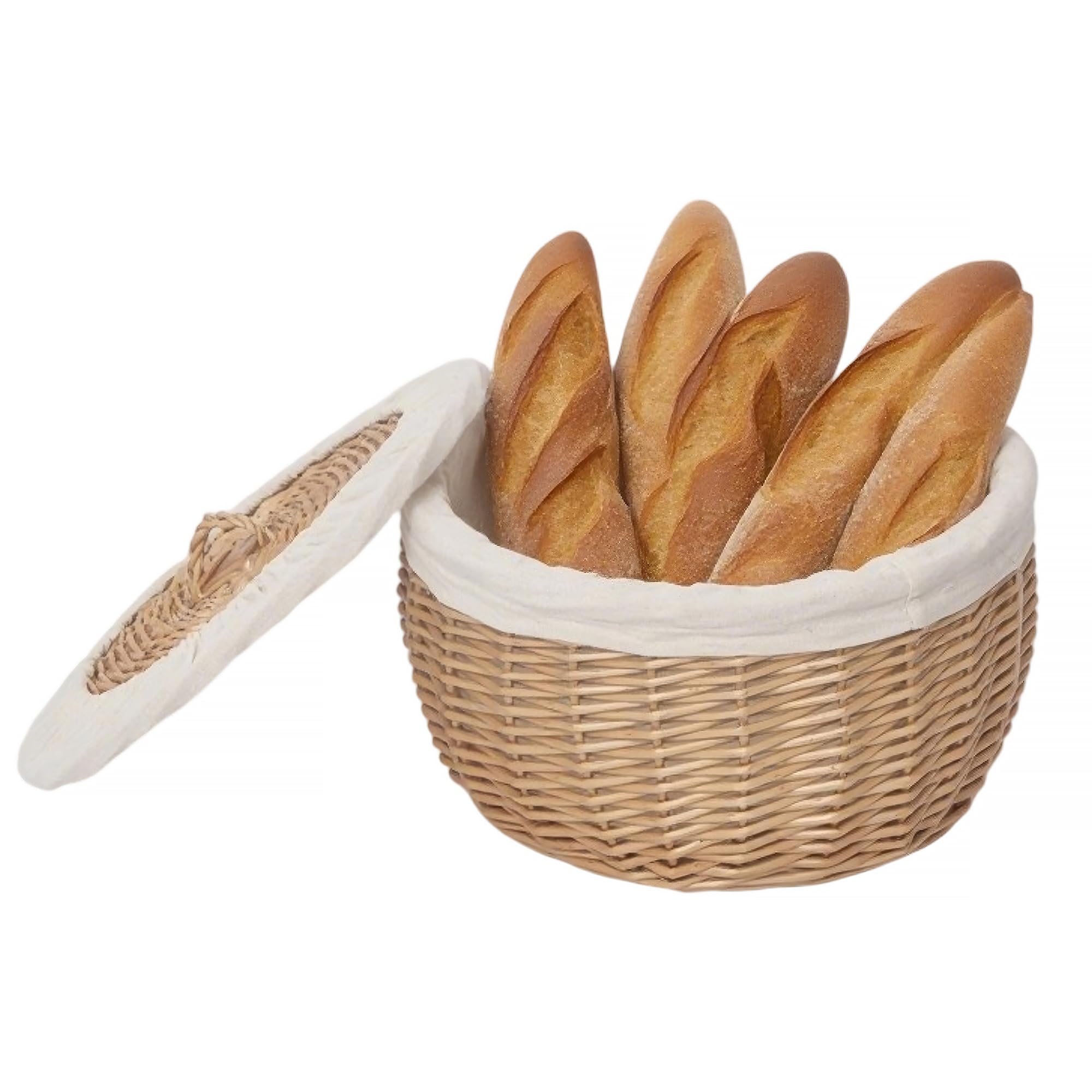Cestino per il pane in vimini intrecciato a mano, con coperchio e fodera rimovibile, cestino per lievitazione di lievito naturale, ecologico, ideale per picnic e cene (rotondo)
