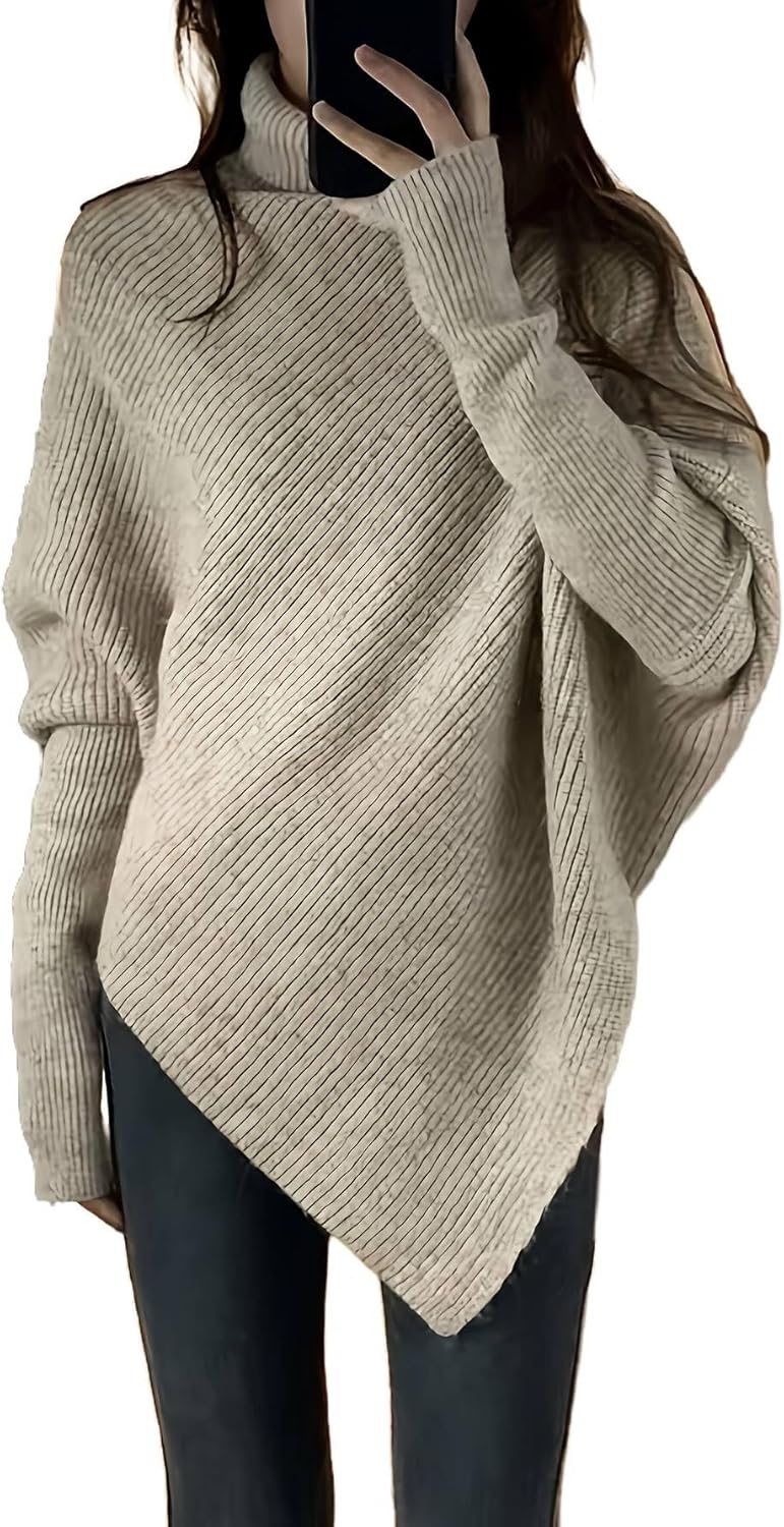 Milumia Women's Turtleneck Poncho Sweaters Asymmetrical Ribbed Sweater Dolman Loose Pullover Knit Tops