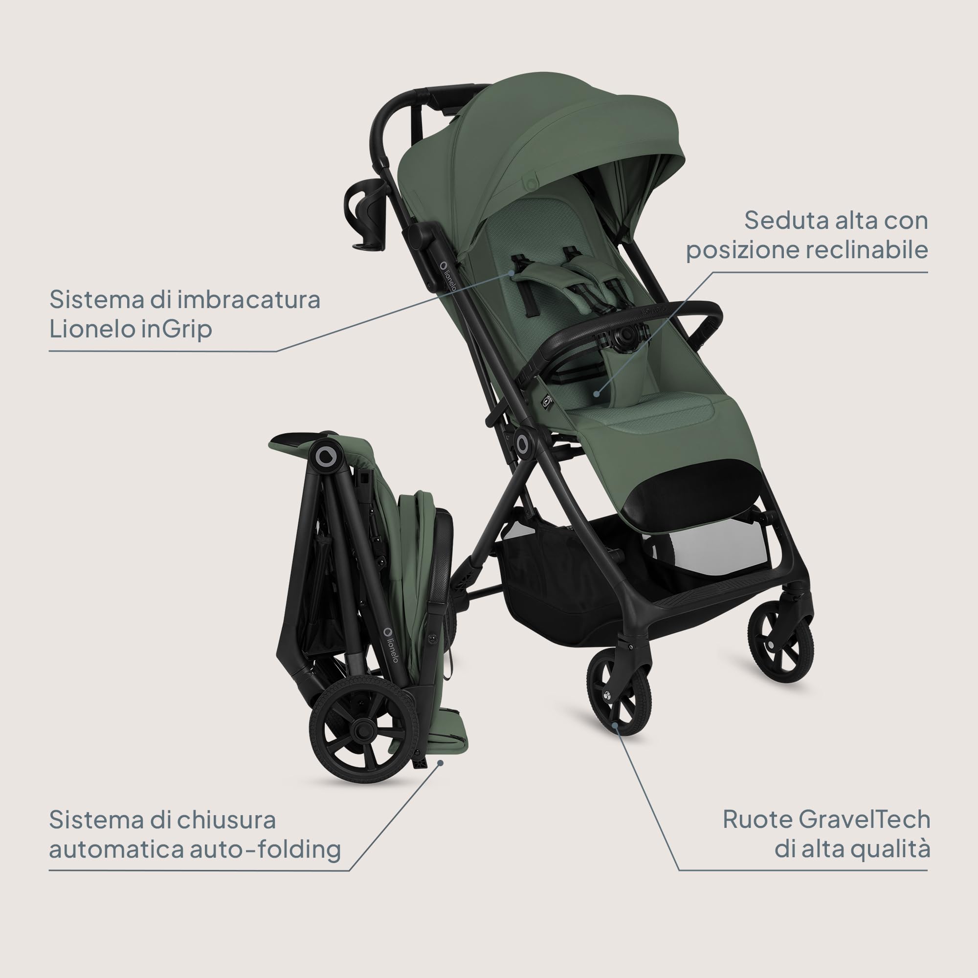 Lionelo TANSI Passeggino Leggero Compatto fino a 22 kg Pieghevole con Chiusura Automatica a una Mano, Ruote GravelTech Ammortizzate, Schienale Reclinabile, Cappottina Ventilata, Dri Seat Traspirante