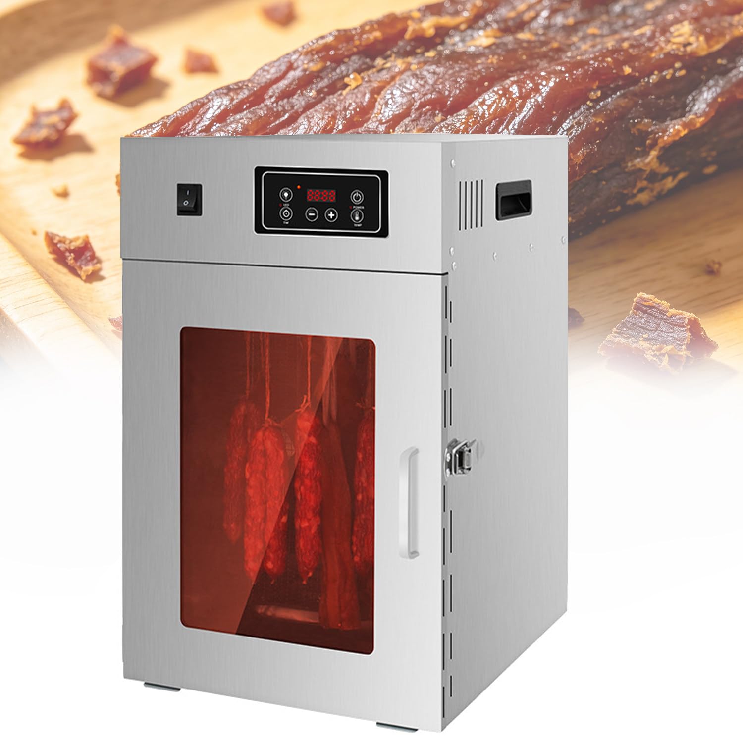 Ymnogjie 360° Rotating Food Dehydrator Cabinet, 800W Stainless Steel Meat Dryer with 24H Timer, Adjustable Thermostat and Low Noise, 7.5KG Load for Jerky Sausage Fruit