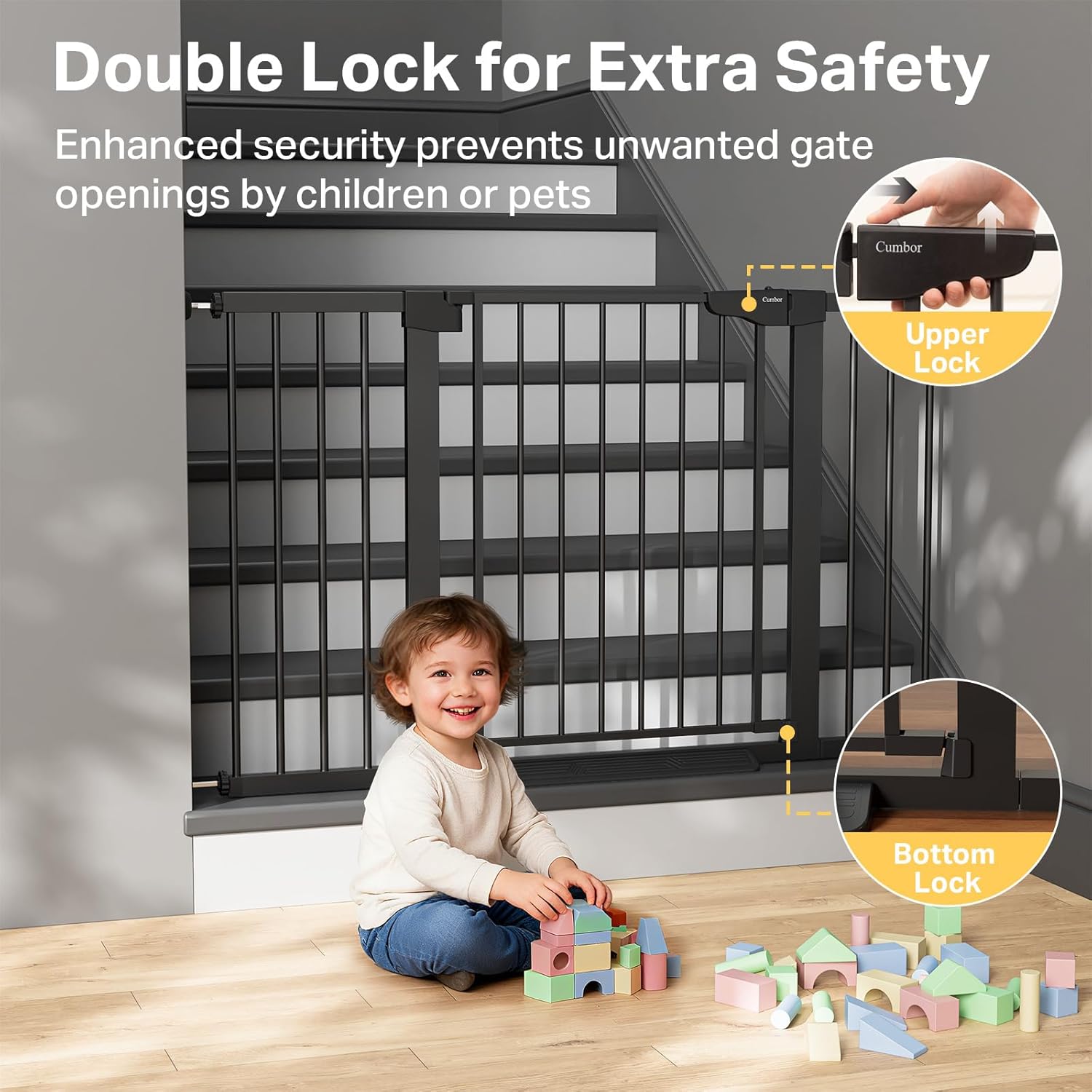 Cumbor Adjustable Safety Gate Bundle, 31.6–48" & 29.7-51.5" Gates with Auto-Close, Dual-Lock, One-Handed Operation for Stairs, Doorways & Hallways