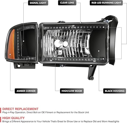 Miniatura 6 de DNA Motoring HL-OH-DR944P-CH-AM - Recambio de faros delanteros color ámbar cromado para Ram 94-02