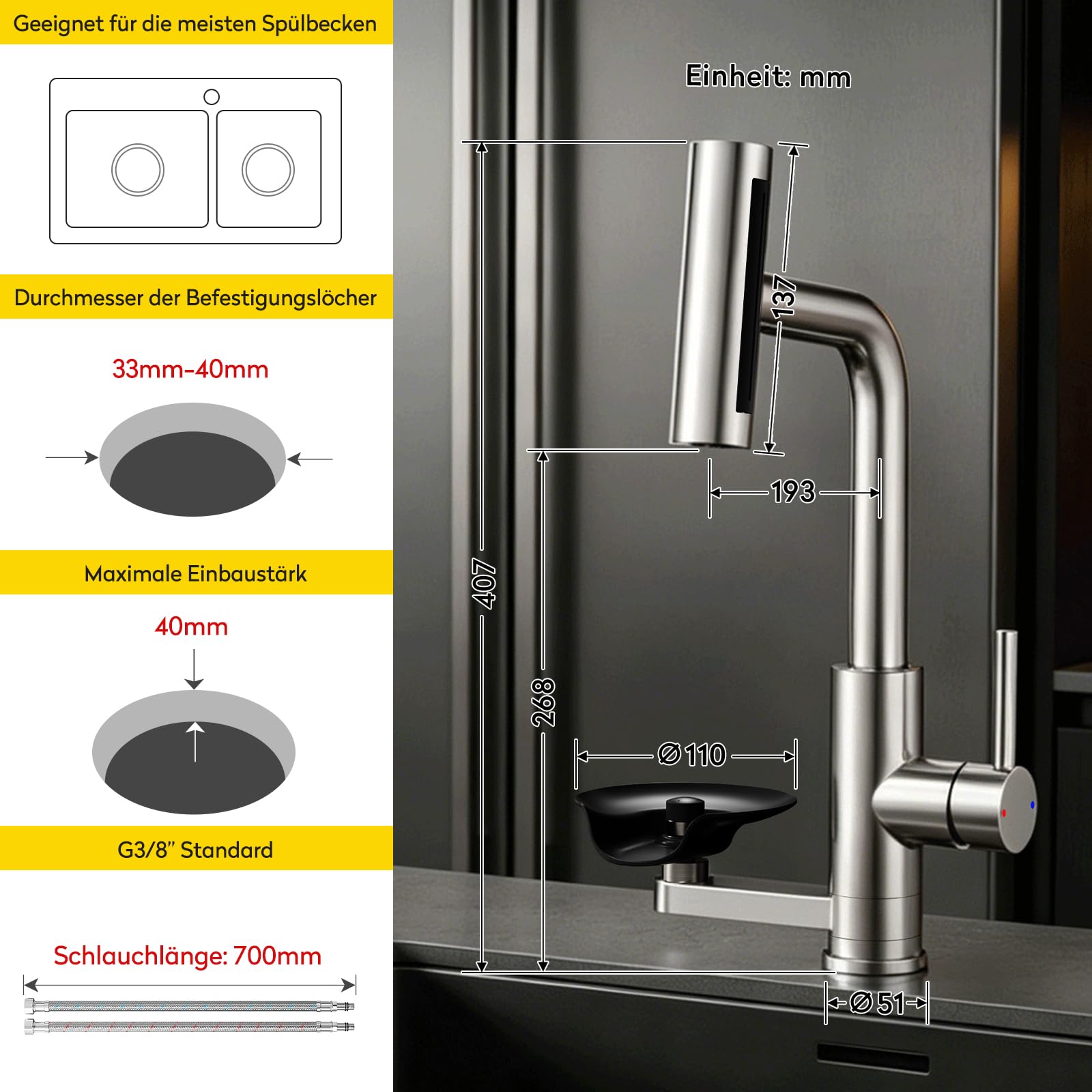 JONKEAN Hochdruck Küchenarmatur mit Brause und Glasspüler | Einhebelmischer mit 4 Strahlarten, Waterfall Spültischarmatur, 360°-Drehung Mischbatterie, 304 Edelstahl, für Bar und Küche
