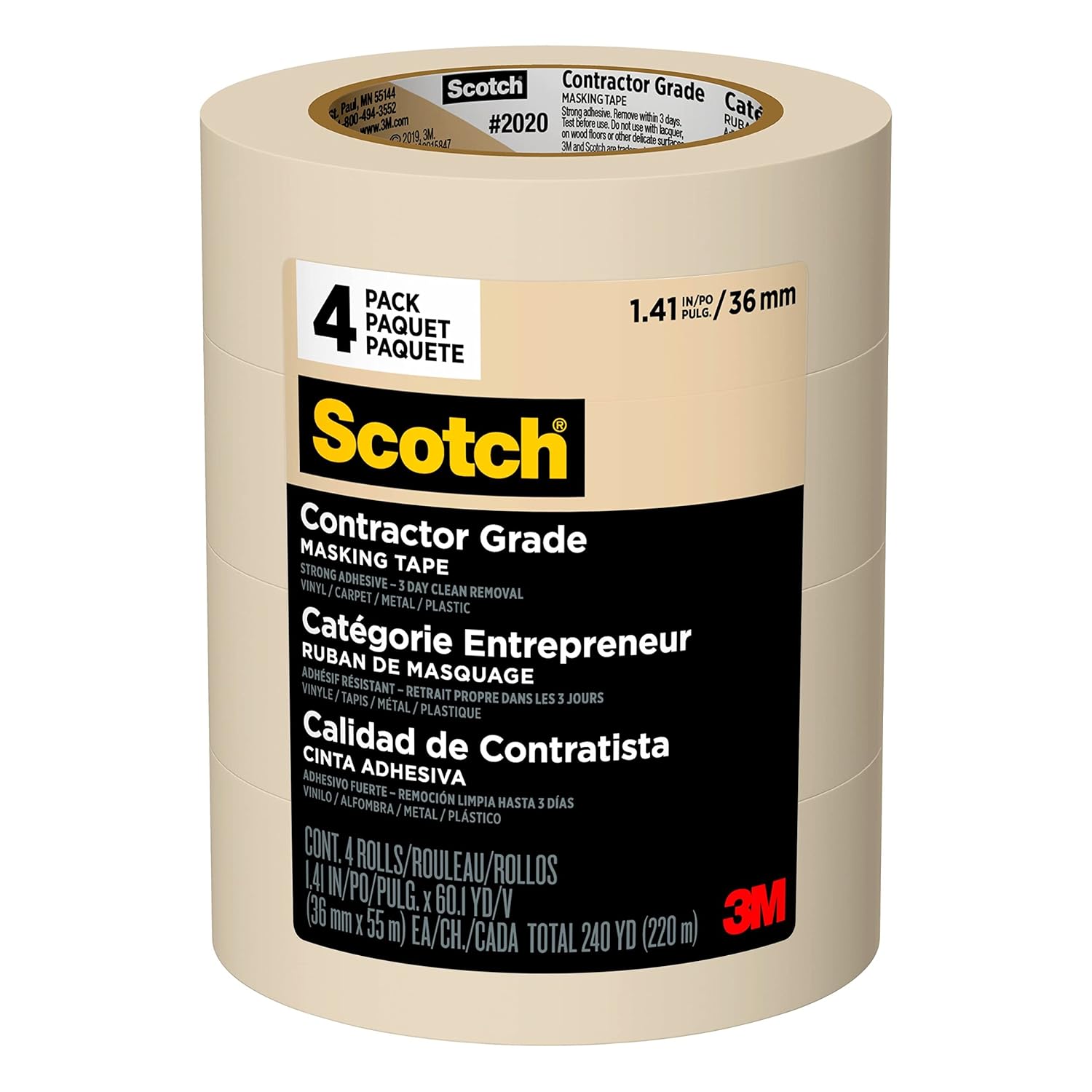 Scotch 202036EP4 Contractor Grade Masking Tape, 1.41" Width, Tan, 4