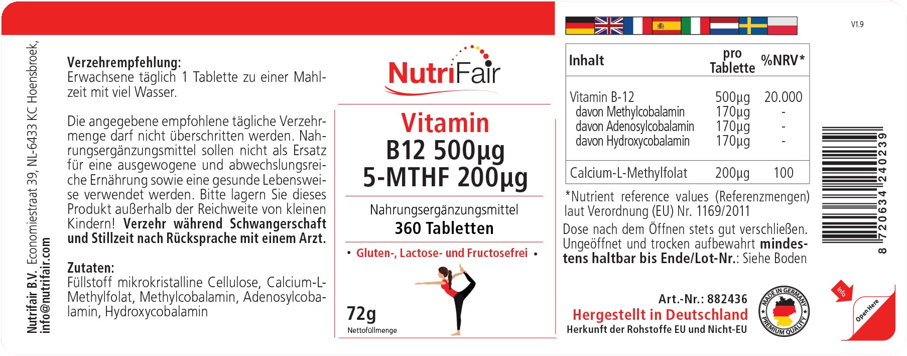 Vitamine B12 500μg 5-MTHF 200μg, 360 Comprimés, Méthylcobalamine, Acide folique actif, Hautement dosé, 100% Vegan, fabrication allemande & Tests en laboratoire, Premium et équitable