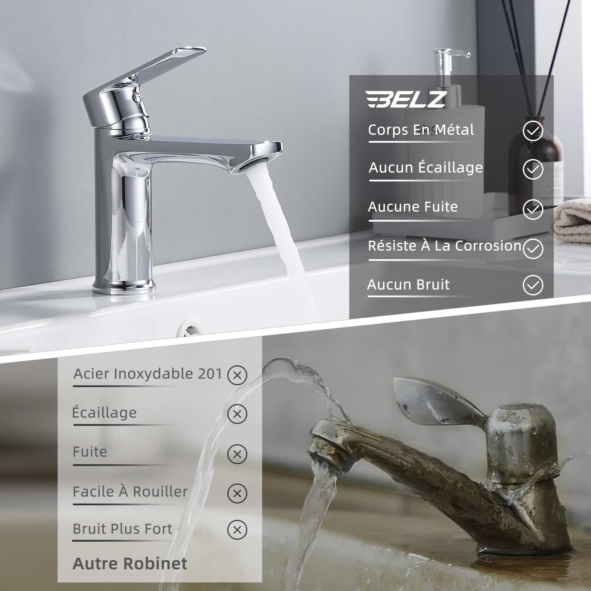 BELZ Mitigeur Lavabo Salle de Bain– Robinet Monocommande, Économie d’Eau et d’Énergie, avec Bec Hauteur 96 mm, Installation Facile, G 3/8 Robinetterie,Chromé