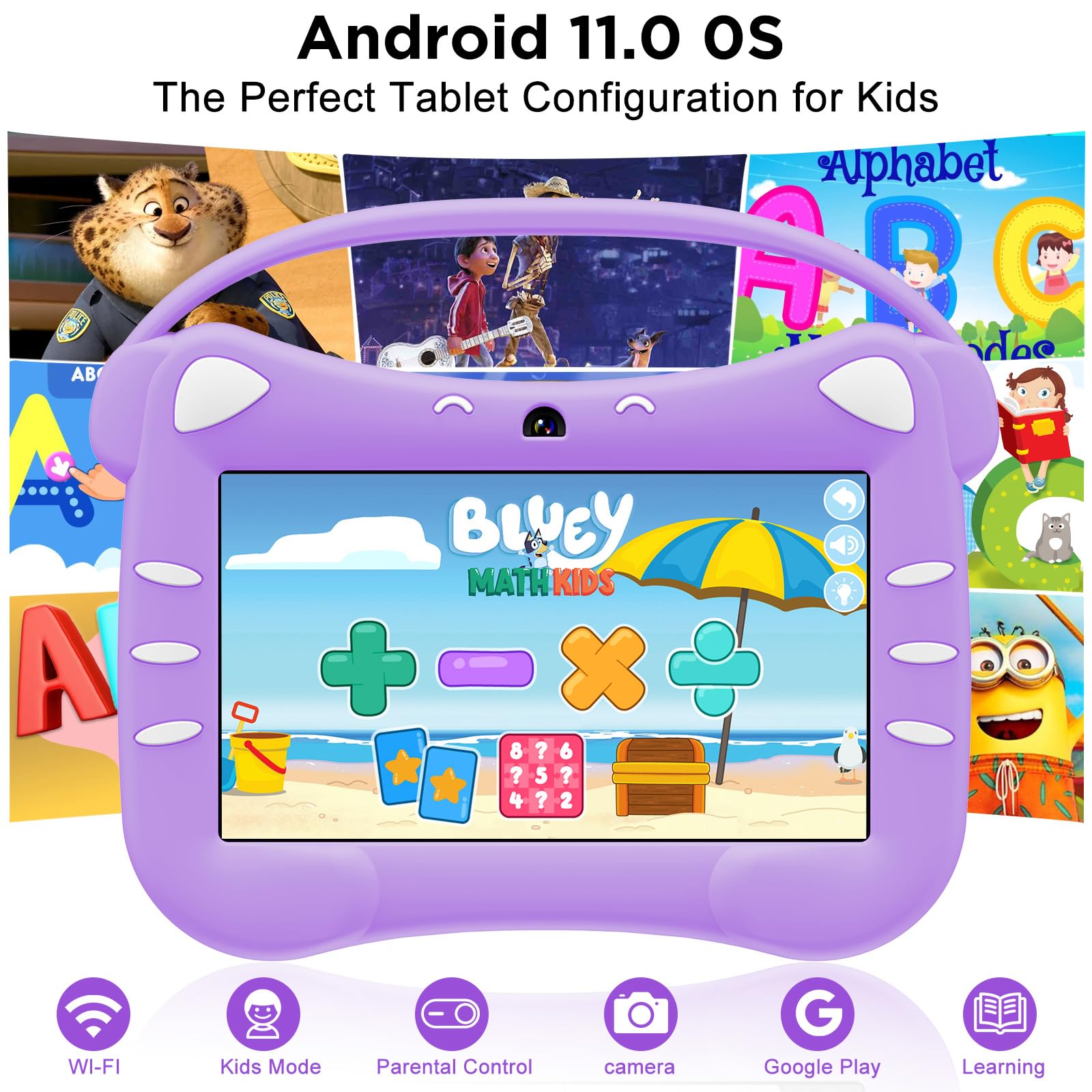 ascrecem Tablet para Niños 7 Pulgadas Android Tablet Infantil con WiFi Doble Cámara Bluetooth Control Parental 2GB RAM 32GB ROM Tableta Educativa 3 a 14 año (Morado)