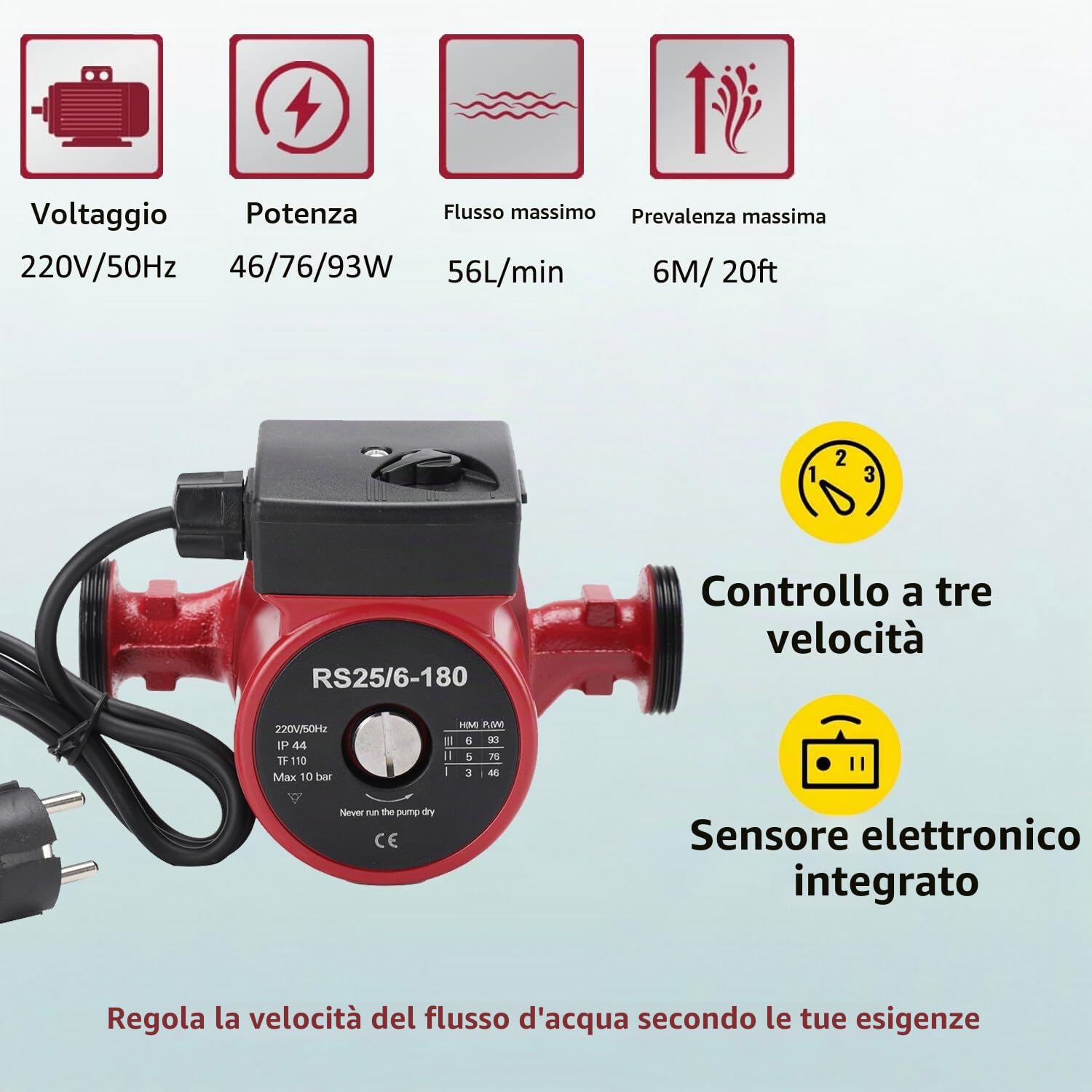 Pompa di Circolazion Dellacqua Calda, 220V Pompa di Riscaldamento, Pompa a Pressione per Circolatore Domestico Regolazione a Tre Velocità per Riscaldamento e Acqua Calda 46/76/93W