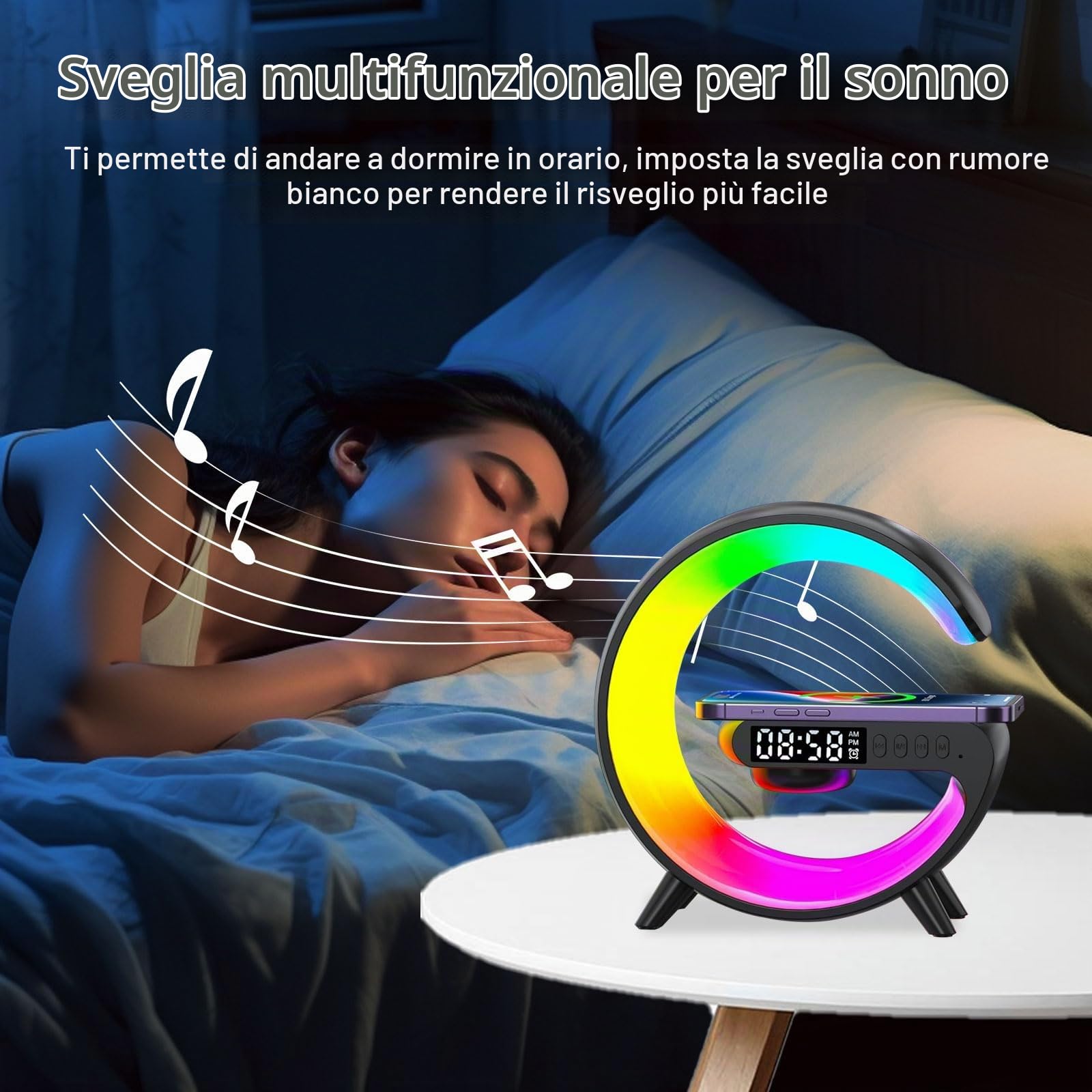 Lampada Wireless da Comodino, Lampada Ricarica Wireless Lampada Comodino Intelligente, Supporta la Connettività Bluetooth, Luci Multicolori, Adatto per il Comodino della Camera da Letto