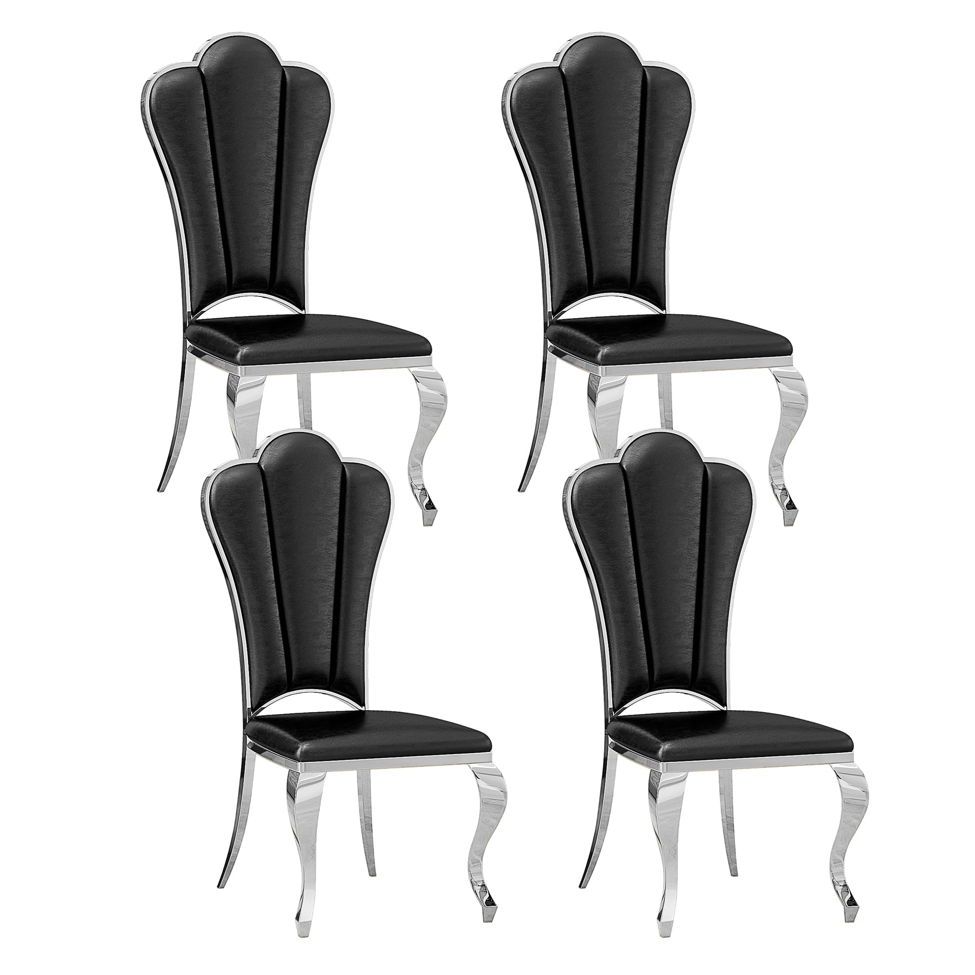 ModaWhly Leather Dining Chairs Set of 4, Black Upholstered High Back Kitchen Chairs with Silver Stainless Steel Legs, Modern Armless Dining Room