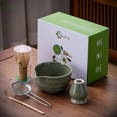 Miniatura 2 de Juego de Matcha Buucup, Juego de Cuenco de Matcha con Boca, Batidor de Matcha y Soporte, Cuchara de Bambú para Matcha y Tamiz de Acero Inoxidable -