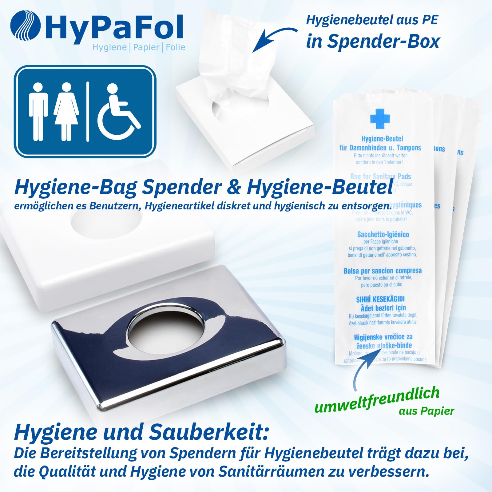 Hypafol 1 x robuster Hygienebeutelspender aus Edelstahl mit 6 x 30 Stück PE-Hygienebags | zur praktischen und hygienischen Entsorgung von Damen-Hygieneartikeln | zur Montage und Platzierung