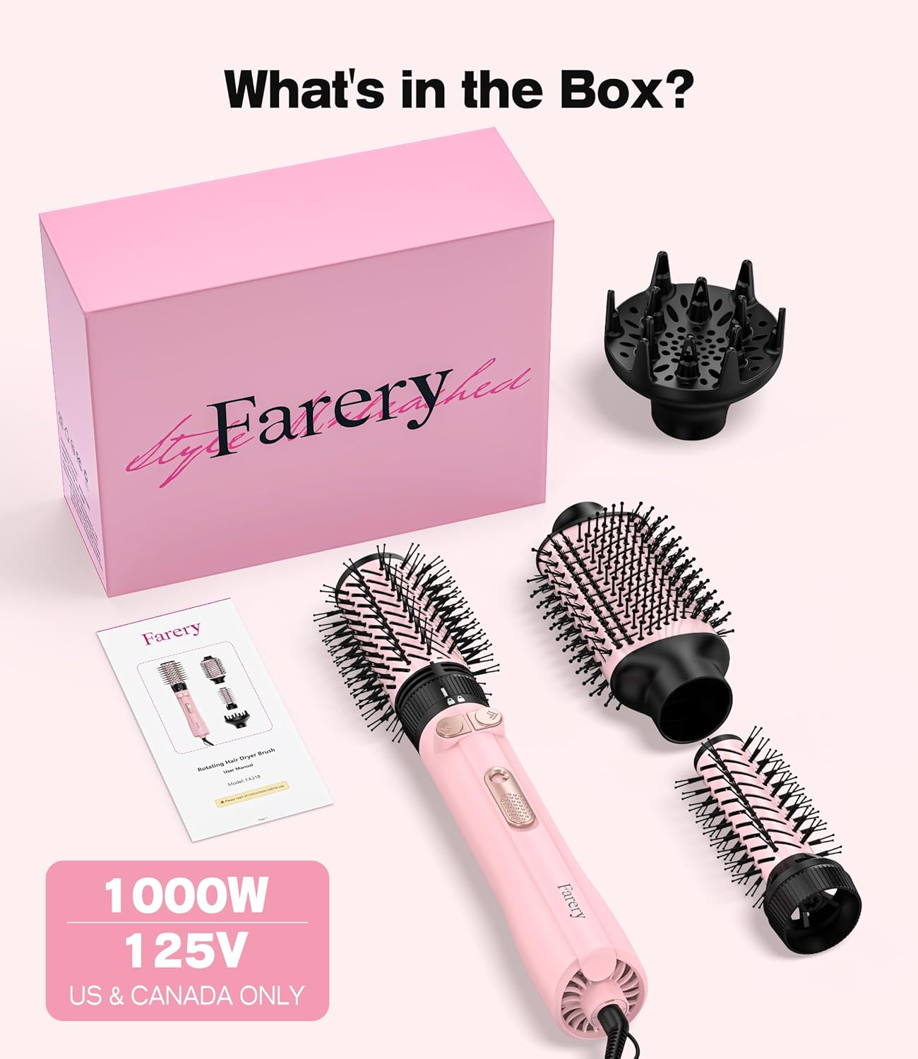 Farery Rotating Hot Air Brush Set 1000W — 4 in 1 Blow Dryer Brush Styler with Diffuser, Hold-to-Rotate Round Brush for Volume, Smooth & Curl, Best for Fine to Medium-Thick Hair, Pink