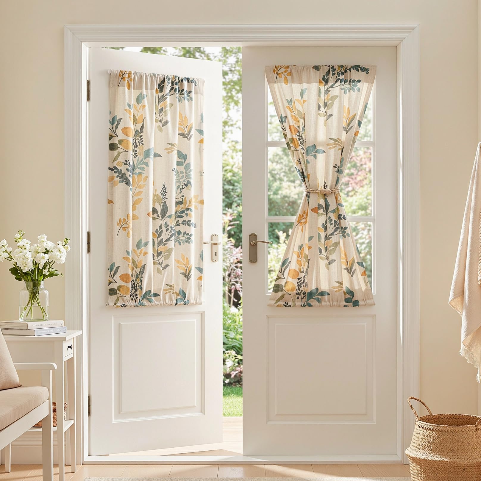 MYSKY HOME Floral Linen French Door Curtains 40 inch Long 2 Panels for Front Door Light Filtering Privacy Semi Sheer Window Curtains with Rod Pocket, Yellow and Blue, 24" W Each Panel