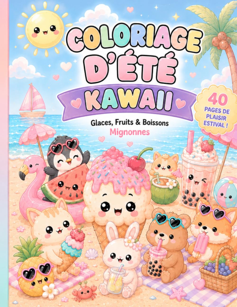 Coloriage d'Été Kawaii Glaces, Fruits, Boissons & Animaux Mignons: 40 coloriages kawaii d'été avec glaces, fruits, boissons, animaux adorables et scènes de vacances