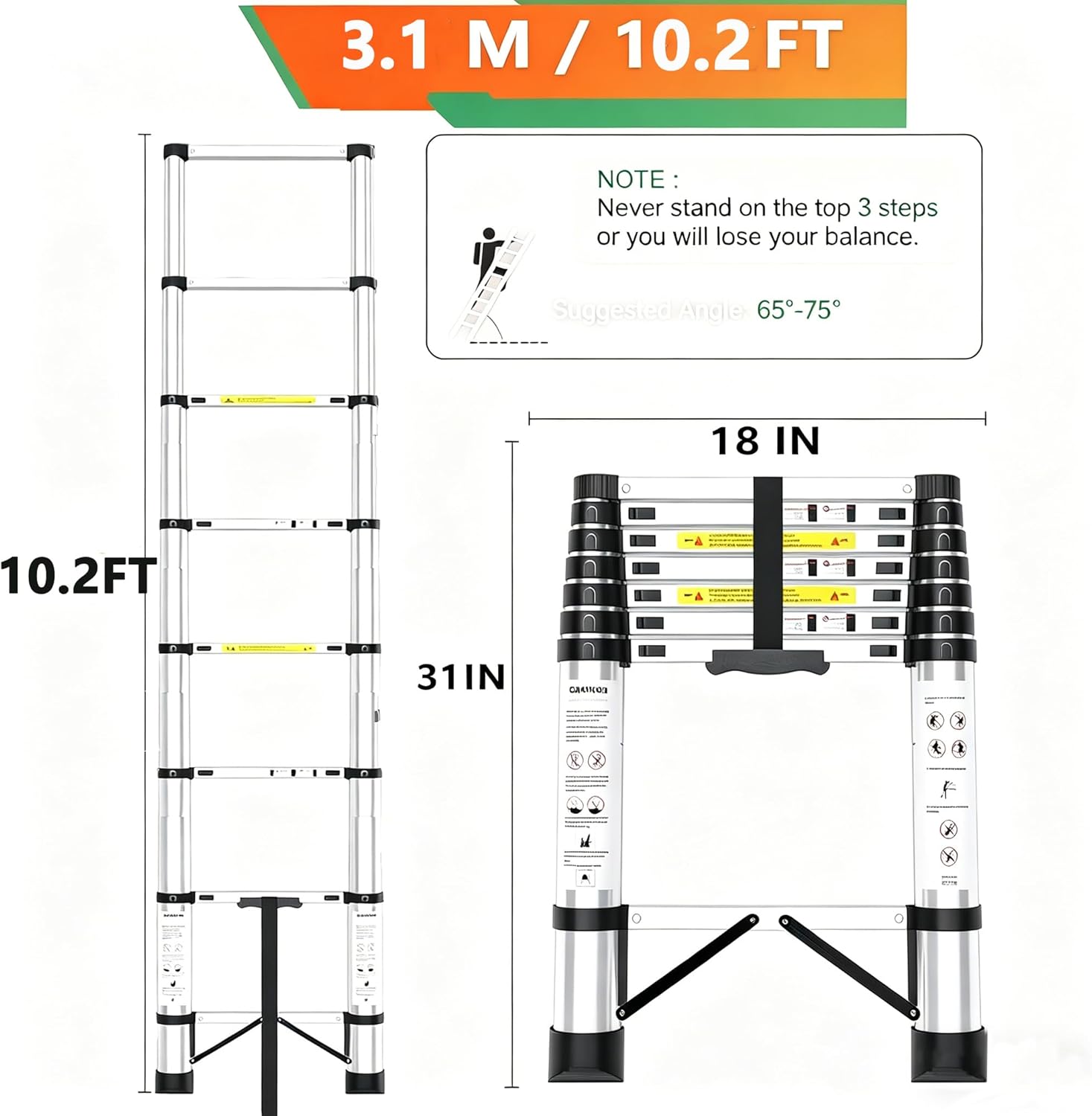 10.2FT Telescoping Ladder,Lightweight Extension Ladder with Safety Lock,Heavy Duty 330lbs Max Capacity,Multi-Purpose Collapsible Ladders for Home,RV or Outdoor Work