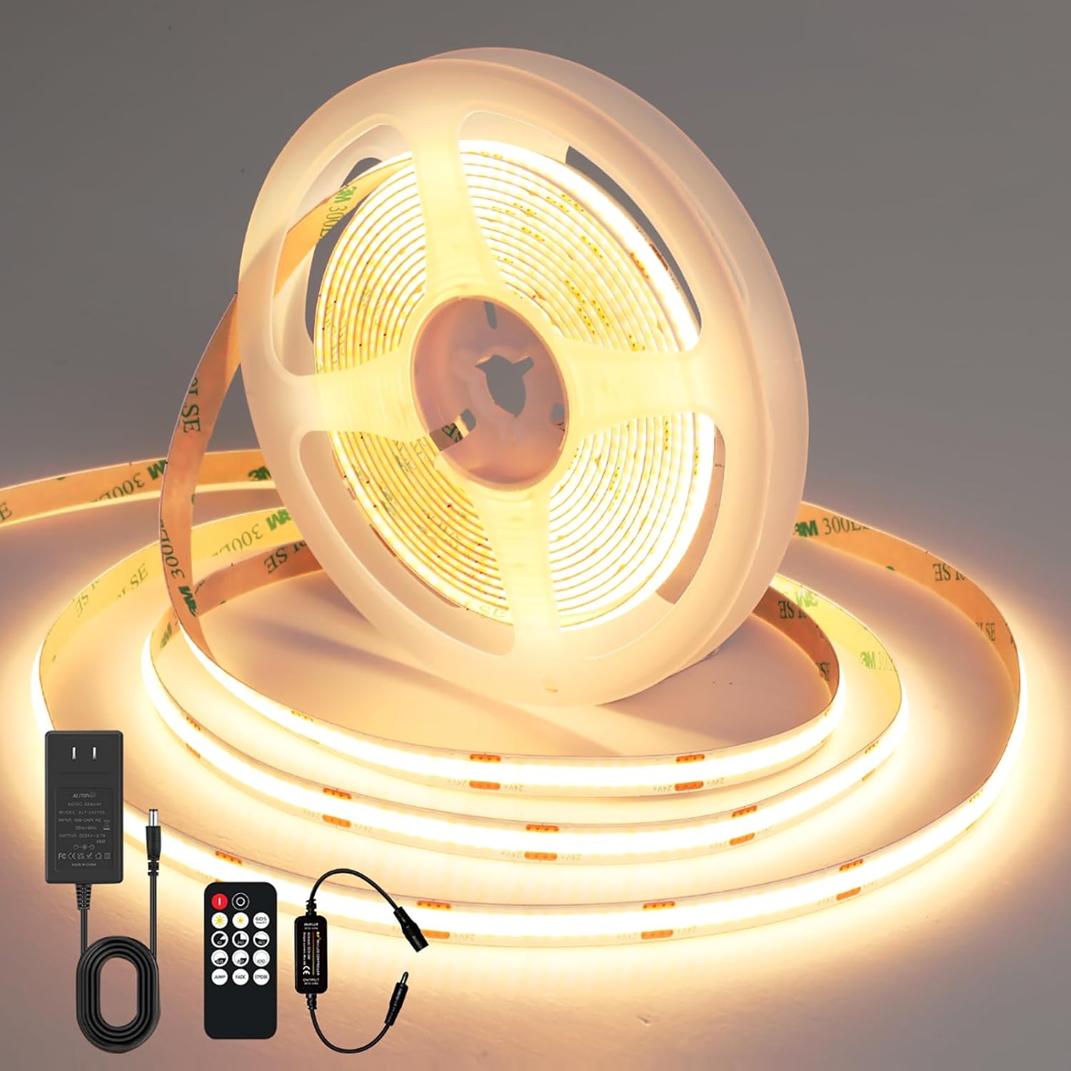 COB LED Strip Lights Warm White, 24V Dimmable led Light Strip KIT, 3000K 23FT/7m Ra>90 8mm Wide Cuttable Flexible Strip Lights with Remote and UL Power Supply for Bedroom, Kitchen & DIY Decor