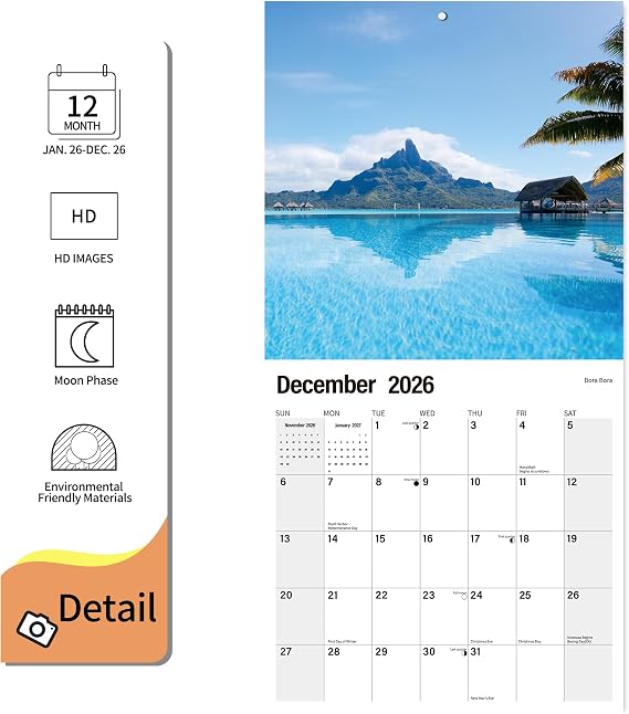 2026 Wall Calendar Planner Calendar - BEACHES Hangable Monthly Wall Calendar with Large Blocks for Organizing & Planning, Academic Schedule, Home, Office & family, Thick & Sturdy Paper (12x24 Open)