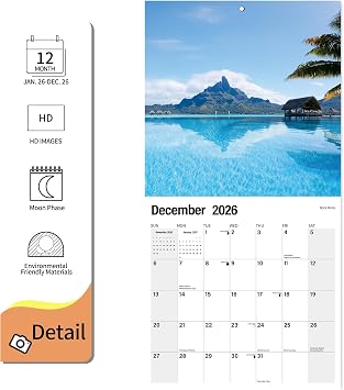 2026 Wall Calendar Planner Calendar - BEACHES Hangable Monthly Wall Calendar with Large Blocks for Organizing & Planning, Academic Schedule, Home, Office & family, Thick & Sturdy Paper (12x24 Open)
