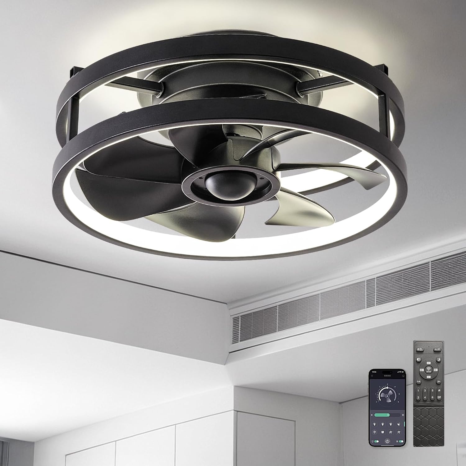 13" Small Ceiling Fan with Light with Remote Low Profile Flush Mount Fandalier LED Fan Light with App,Modern Ceiling Fans for Bedroom Black