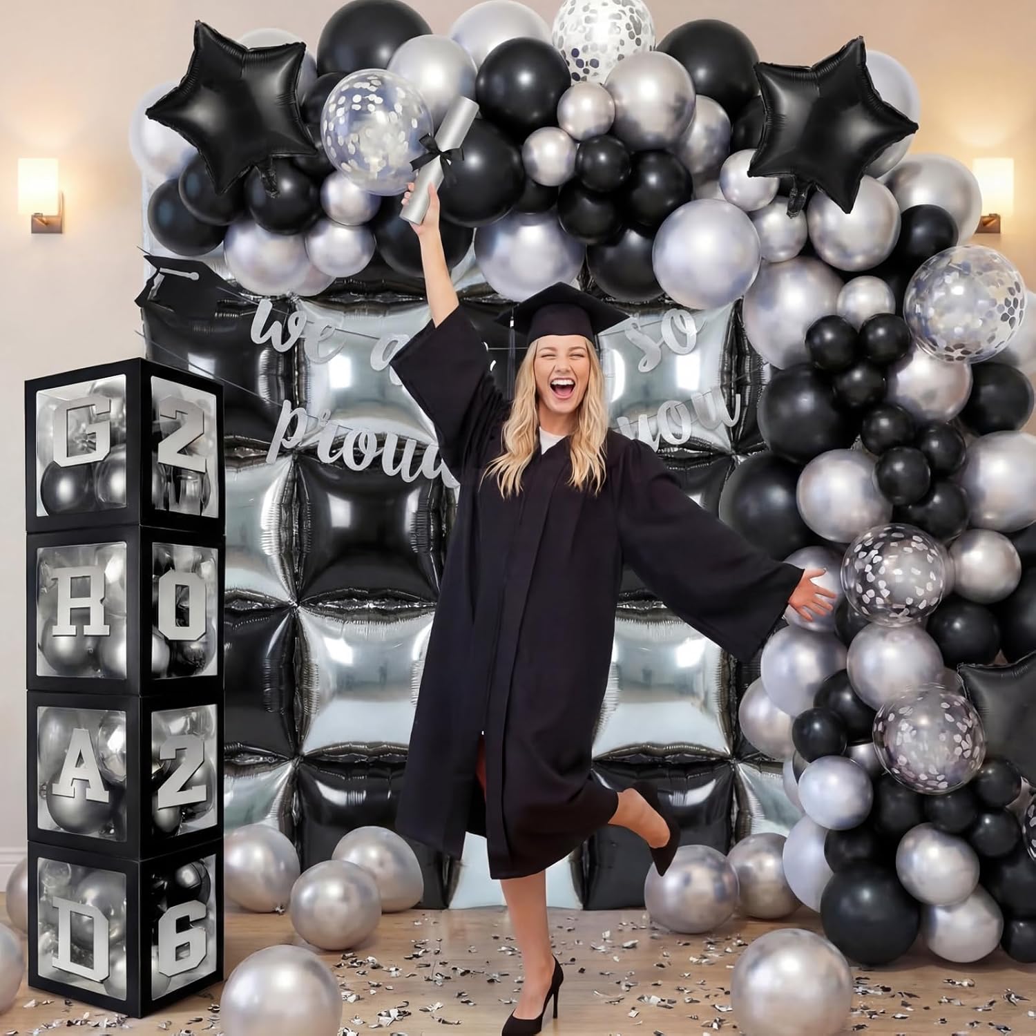 Seenelling 133 Pcs Graduation Decorations 2026 Set Black Sliver Balloons Boxes with Letters 2026 Grad Square Foil Balloons Complete Party Supplies for High School College Celebrations