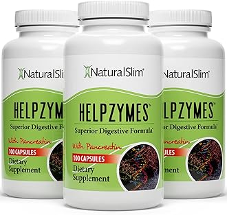 NaturalSlim Digestive Enzymes for Women & Men - Helpzymes Essential Enzymes for Digestion, Gut Health, Gas Bloating Relief with Bromelain, Ox Bile, Pancreatin. & Betaine HCL - 100 Capsules 3 Pack