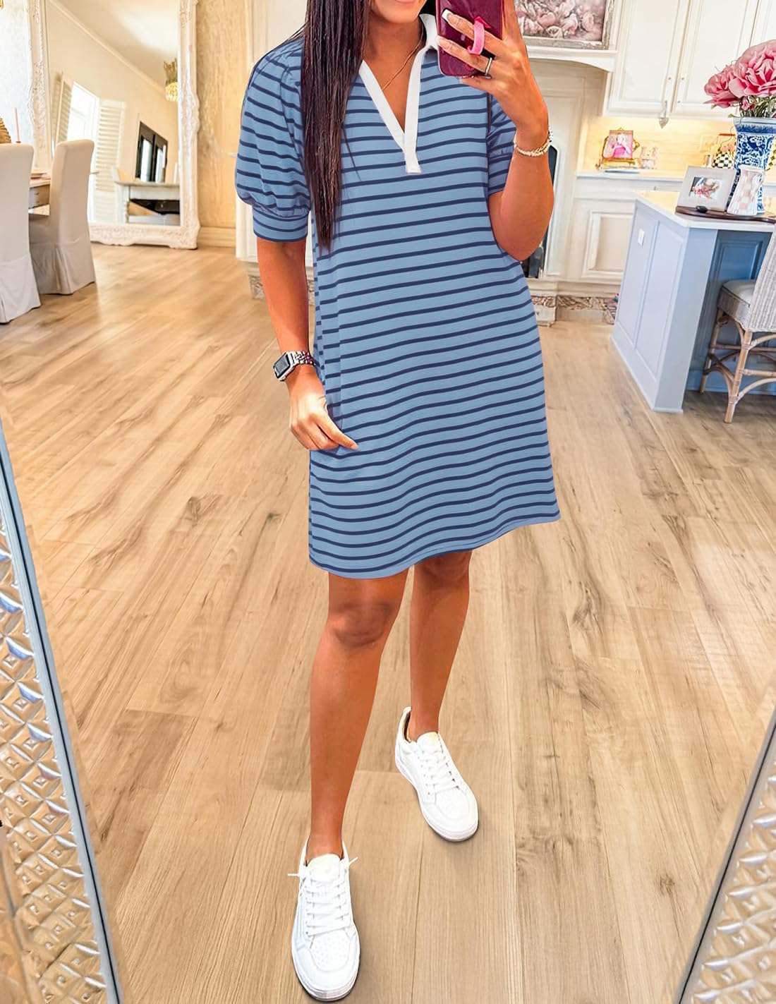 ZESICA Womens Summer Striped T Shirt Mini Dresses 2026 Casual Lapel V Neck Short Sleeve Flowy A Line Beach Vacation Dress - Image 4