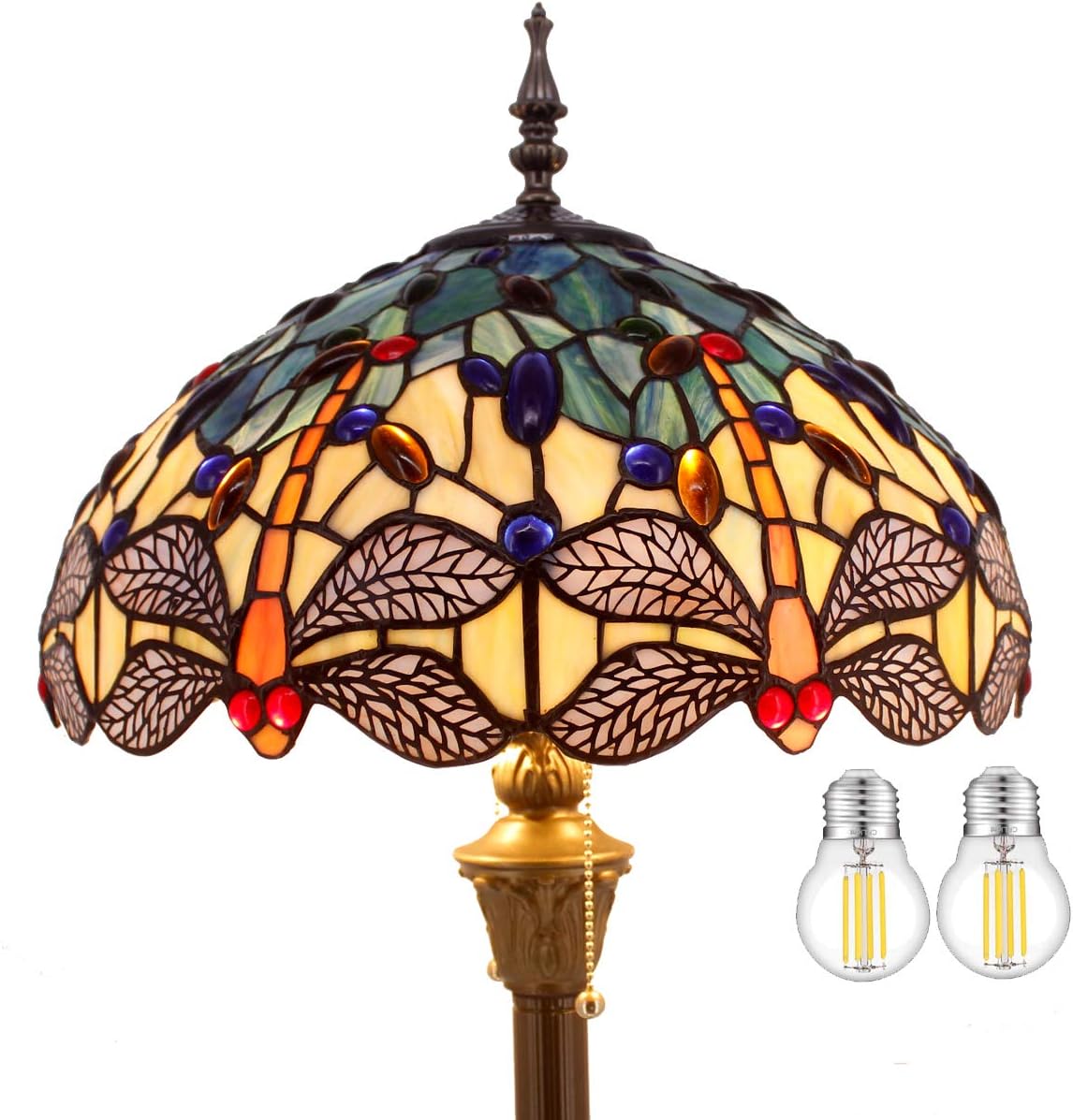 WERFACTORY Tiffany Floor Lamp Blue Yellow Stained Glass Dragonfly