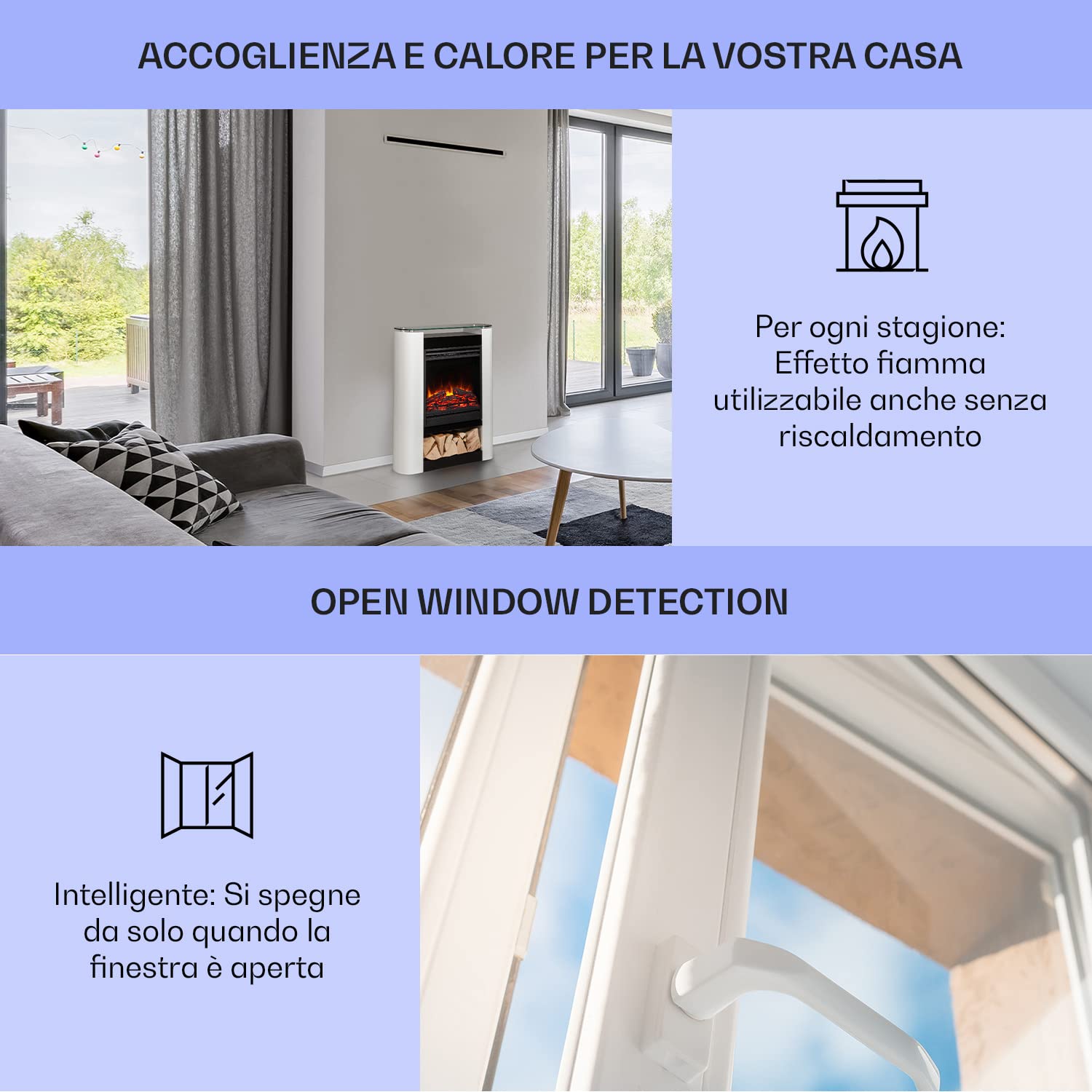 Klarstein Camino Elettrico, Camino da Parete con Mensola, Riscaldamento Elettrico con Fiamma LED, Caminetto 1800W, Finto Telecomando, Timer, Controllo Temperatura, Termocamino
