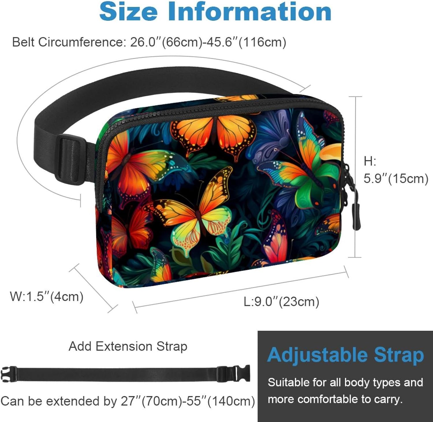Waterproof Fanny Pack Black Belt Bag with Adjustable Strap for Women and Men,Fancy Colored Butterfly F Crossbody Fanny Bag with Zipper for Hiking Running Travel