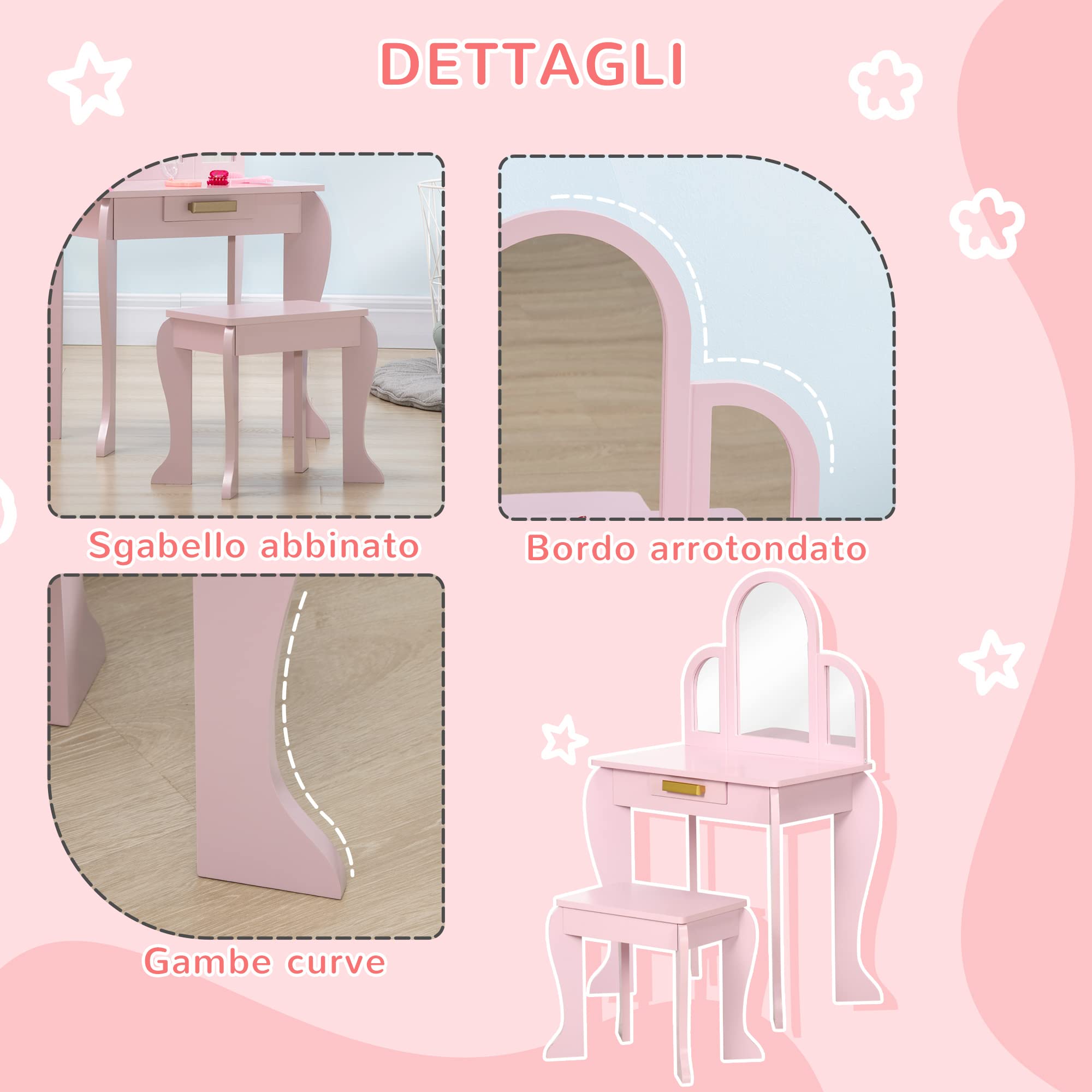 HOMCOM Tavolo per Trucco per Bambine 3-6 Anni con Sgabello, Cassetti e Specchio Coordinato in Acrilico, in MDF e Legno di Pino, Rosa