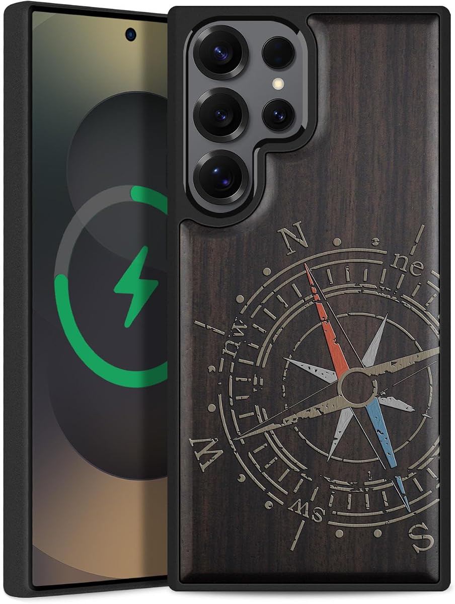 Magnetic for Samsung Galaxy S25 Ultra Case, Black - Compass Adventure | Compatible with MagSafe Wireless Charging, Natural Wood Cover & Shockproof TPU Phone Case, Hand-Drawn Style