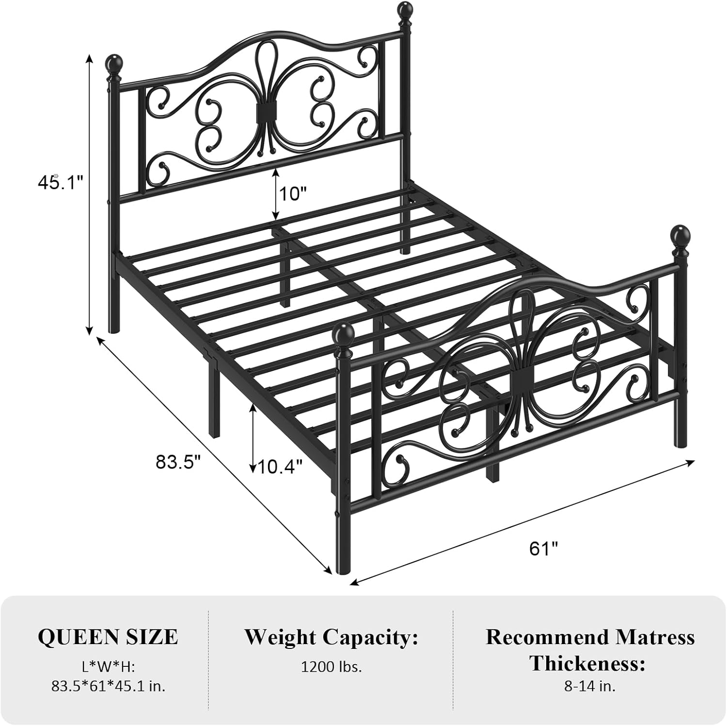 Queen Size Metal Platform Bed with Butterfly Pattern Design Headboard and Footboard/Mattress Foundation/Under Bed Storage/No Box Spring Needed/Easy Assembly/Noise Free/Black